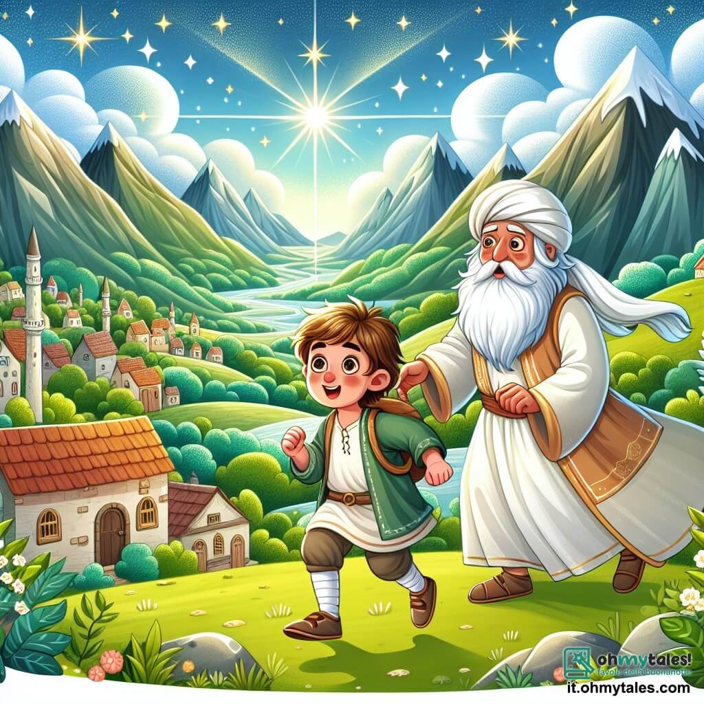 Une illustration destinée aux enfants représentant un garçon curieux et vivace, se lançant dans un voyage extraordinaire au Regno delle Idee accompagné d'un sage Gardien vêtu de blanc, dans un village caché entre collines verdoyantes et montagnes maestose, sous un ciel étoilé scintillant de mystères.