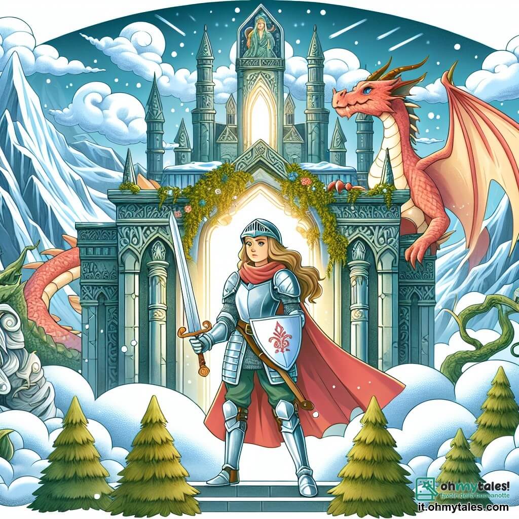 Une illustration destinée aux enfants représentant une chevalière courageuse se tenant devant un ancien temple mystérieux, accompagnée d'un dragon bienveillant, dans un royaume enchanté entouré de montagnes enneigées et de nuages magiques.