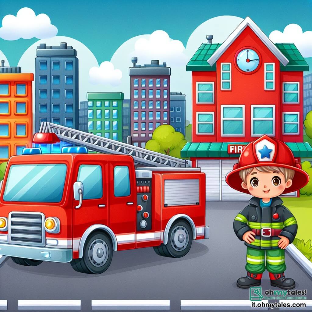 Une illustration destinée aux enfants représentant un pompier courageux, un petit garçon curieux, et une caserne de pompiers rouge vif avec un camion équipé et une grande échelle, tous situés dans une ville animée avec des bâtiments colorés et des arbres verdoyants.