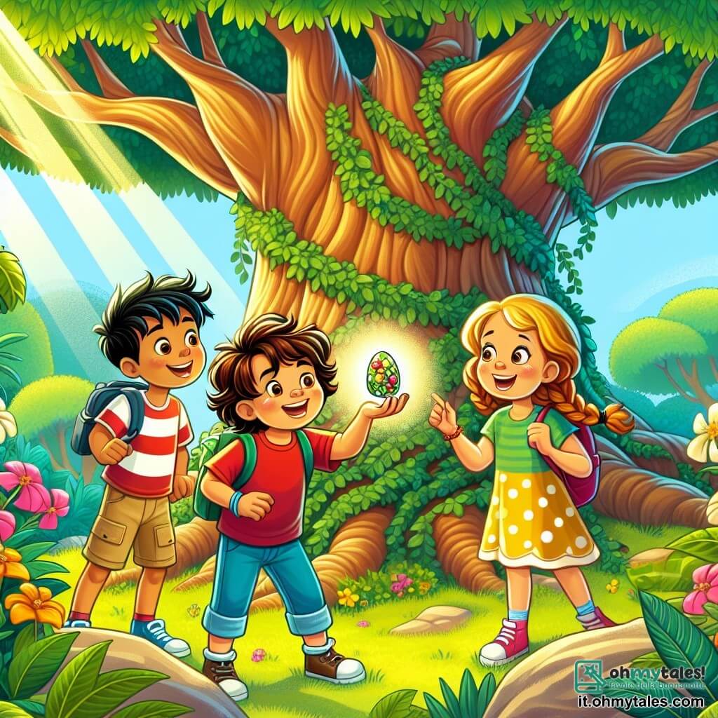 Illustrazione che rappresenta un grande albero maestoso al centro di un giardino soleggiato, con foglie verdi brillanti e fiori colorati che circondano il tronco. Ai piedi dell'albero, tre piccoli avventurieri sono riuniti: un ragazzo di 7 anni con capelli castani arruffati, indossando una maglietta rossa e pantaloni blu, che guarda con meraviglia una piccola pietra lucente nella sua mano. Accanto a lui, una ragazza di 6 anni con capelli biondi intrecciati, vestita con un vestito a pois gialli, sorride gioiosamente mentre indica la pietra. Infine, un altro ragazzo di 7 anni, con capelli neri e occhiali rotondi, vestito con una maglietta verde e pantaloni beige, si arrampica su un ramo dell'albero, con aria determinata. La scena trasmette un'atmosfera di avventura e scoperta, con raggi di sole che filtrano tra le foglie, illuminando i volti dei bambini e la pietra colorata che brilla come un tesoro.