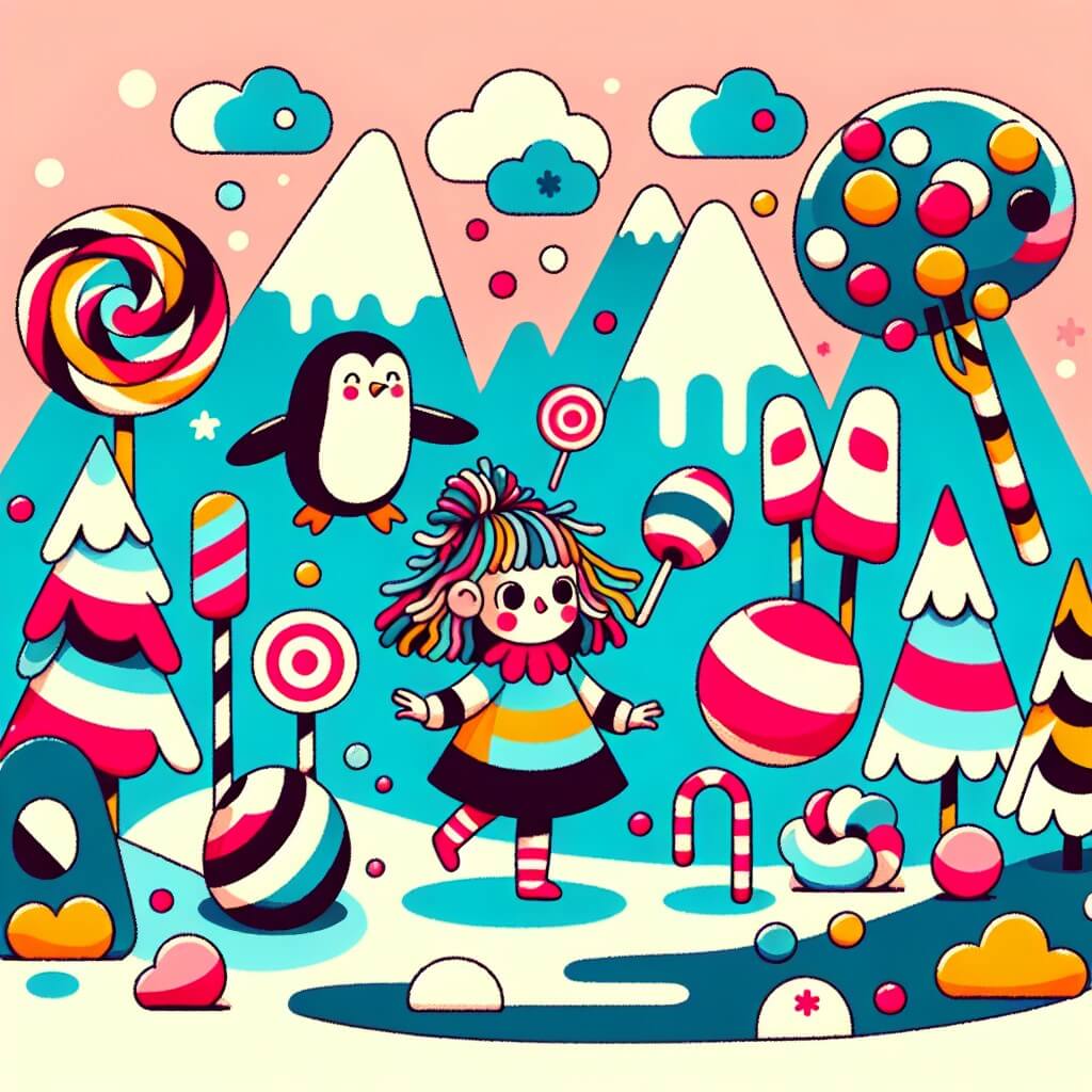 Une illustration destinée aux enfants représentant une jeune fille aux cheveux ébouriffés, vêtue d'une robe multicolore, se retrouvant dans un monde où les arbres sont en forme de chaussettes rayées et les nuages ressemblent à des bonbons, accompagnée d'un pingouin jongleur, dans une vallée enchantée remplie de cascades de limonade et de montagnes de guimauves moelleuses.