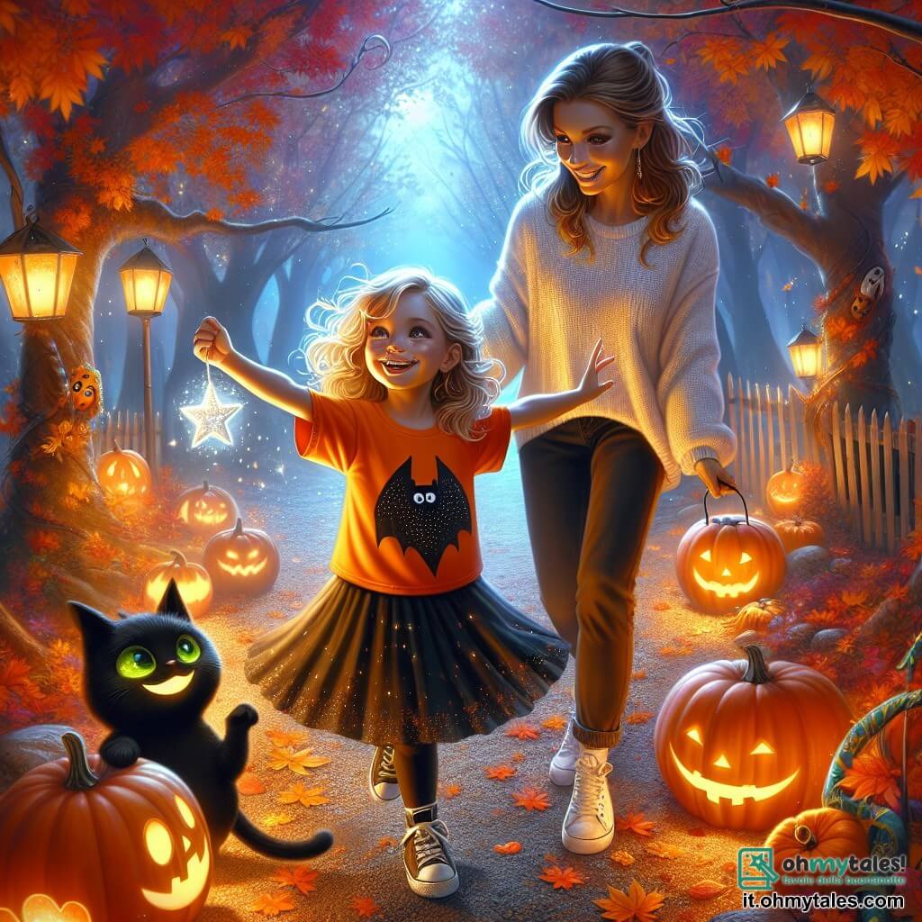 Illustrazione che rappresenta una scena magica di Halloween in un parco incantato. Il terreno è coperto di foglie autunnali dai colori vivaci, arancioni e rossi, mentre lanterne di zucca illuminano il sentiero con volti sorridenti. Al centro, una bambina di 5 anni, con capelli biondi e ricci, indossa una maglietta arancione con un grande pipistrello e una gonna nera. Danza gioiosamente, con un grande sorriso sul viso, tenendo in mano una chiave d'argento scintillante. Accanto a lei, una donna di circa 30 anni, con capelli castani raccolti in uno chignon, sorride guardando sua figlia, vestita con un maglione comodo e jeans. Un gatto nero, con occhi verdi brillanti, si trova vicino a loro, indossando un piccolo cappello magico, osservando la scena con curiosità. La bambina e sua madre si divertono con un fantasma amichevole che danza intorno a loro, fluttuando leggermente sopra il suolo, con un grande sorriso e braccia aperte. Stelle scintillanti illuminano il cielo notturno, aggiungendo un tocco di magia all'atmosfera festiva. Ombre morbide e luci vivaci creano un contrasto incantevole, rendendo questa scena di Halloween sia gioiosa che misteriosa.