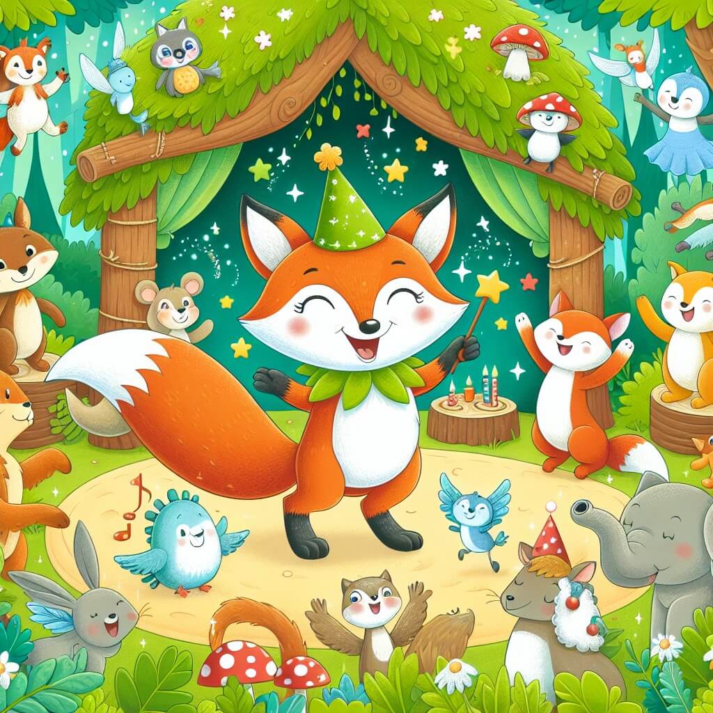 Une illustration destinée aux enfants représentant un renard malicieux qui organise une joyeuse fête dans son tanière enchantée, entouré d'animaux souriants et dans un décor verdoyant du bois enchanté.