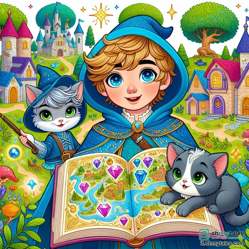 Une illustration sous forme de dessin destinée aux enfants représentant un village enchanté nommé Fioriluna, avec des maisons colorées et des arbres dansants, où un jeune sorcier aux yeux brillants et au manteau bleu, tenant un ancien livre de magie, est accompagné de son courageux gattino gris aux yeux verts, alors qu'ils découvrent une mappemonde scintillante qui les guide vers une grotte mystérieuse, remplie de pierres précieuses et de créatures magiques, symbolisant leur quête pour trouver la Gemme de Luce.