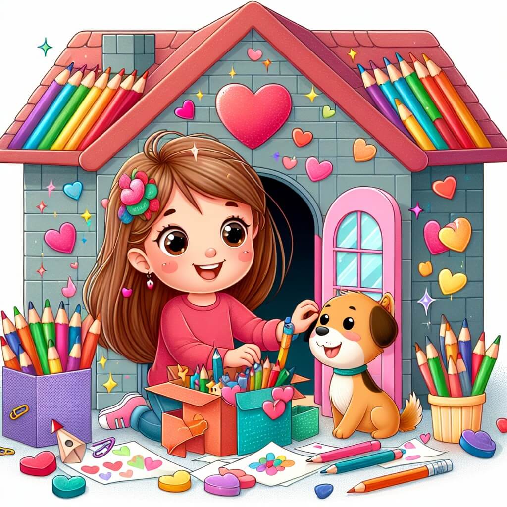 Une illustration destinée aux enfants représentant une jeune fille curieuse et imaginative, préparant une surprise pour ses amis à l'occasion de la Saint-Valentin, avec l'aide de son chien joueur, dans une maison colorée remplie de crayons, de papiers colorés et de brillants.