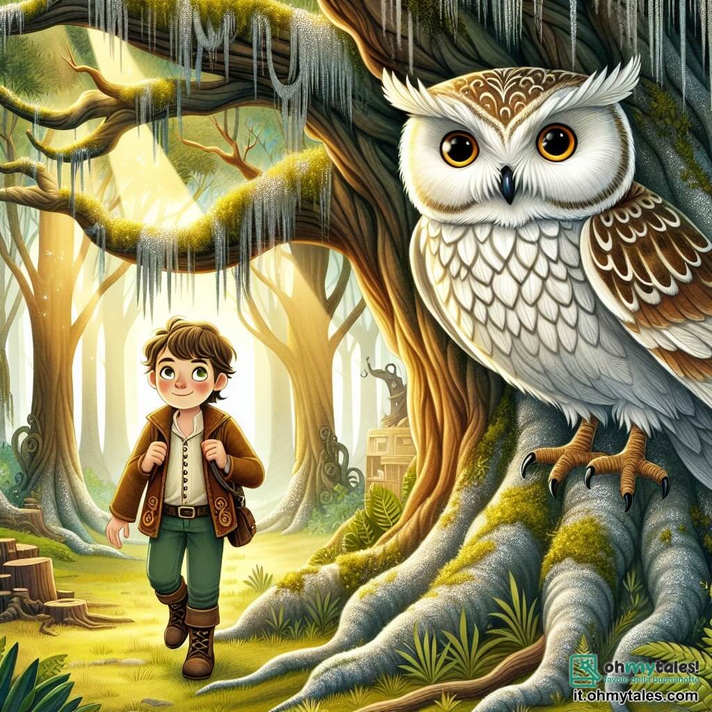 Une illustration destinée aux enfants représentant un garçon curieux se tenant devant un vieux arbre majestueux, accompagné d'un Gufo Saggio aux yeux perçants, dans une forêt enchantée aux arbres ancestraux recouverts de mousse argentée et baignée d'une lumière dorée filtrant à travers les feuilles.