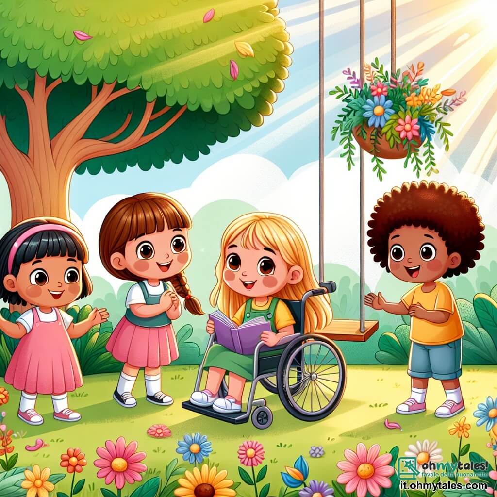 Illustrazione che rappresenta un parco soleggiato, pieno di grandi alberi con foglie verdi brillanti, fiori colorati in piena fioritura e un grande altalena che oscilla dolcemente nel vento. Al centro della scena, quattro ragazze di circa 10 anni sono riunite. Una di loro, con capelli castani e ricci, indossa un vestito rosa e sorride teneramente. Accanto a lei, una ragazza con capelli biondi intrecciati, vestita con una maglietta gialla, tiene un libro aperto tra le mani. Un'altra ragazza, con capelli neri e lisci, è in sedia a rotelle e guarda le sue amiche con occhi scintillanti di entusiasmo. Infine, l'ultima ragazza, con capelli rossi e ricci, è accovacciata a raccogliere fiori colorati. Insieme stanno creando una piccola casa di legno e foglie, simboleggiando la loro amicizia e il sostegno reciproco in un momento di ricordo. Sullo sfondo, i raggi di sole filtrano tra i rami degli alberi, creando un'atmosfera calda e confortante.