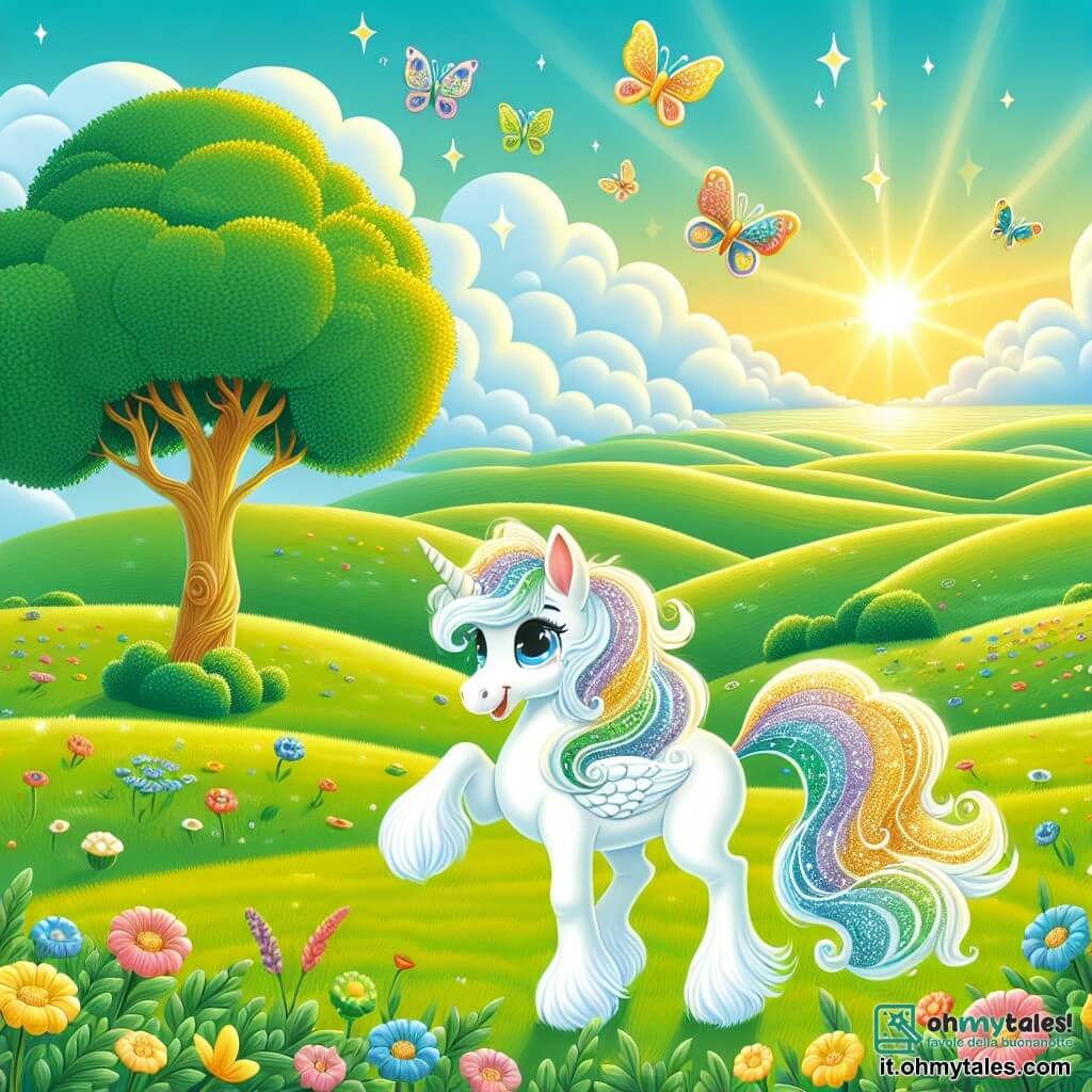 Illustrazione che rappresenta un vasto campo verde inondato dalla luce dorata del sole al tramonto. Dolci colline si estendono all'orizzonte, punteggiate da fiori colorati che danzano al vento. Al centro della scena, un magnifico cavallo bianco si erge maestoso, la sua criniera scintillante che fluttua dietro di lui come una nuvola di cotone. I suoi grandi occhi blu brillano di eccitazione mentre si prepara a librarsi in aria, con un sorriso gioioso sul volto. Nei paraggi, una delicata farfalla dalle ali multicolori svolazza attorno a lui, aggiungendo un tocco di magia all'atmosfera. Insieme, si preparano a vivere un'avventura straordinaria, il cavallo sollevando una zampa anteriore con entusiasmo, pronto a realizzare il suo sogno di volare. Sullo sfondo, un grande albero maestoso con foglie verde smeraldo si erge, simboleggiando il luogo dove i sogni prendono vita. Nuvole morbide e cotonose fluttuano nel cielo blu, creando un'atmosfera incantevole per questa scena magica.