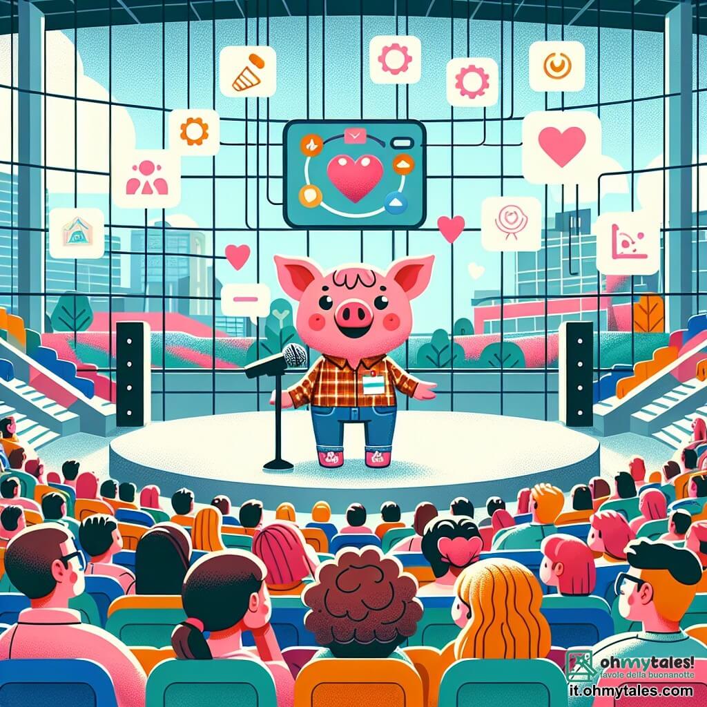Illustrazione che rappresenta un grande auditorium moderno, con pareti di vetro e sedili colorati, pieno di un pubblico entusiasta. Al centro del palco, un piccolo maialino con orecchie rotonde e rosa, vestito con una camicia a quadri, sta in piedi con un sorriso amichevole, tenendo un microfono. Sta parlando con passione, catturando l'attenzione di tutti. Nel pubblico, un gruppo di giovani adulti, tra cui una ragazza dai capelli ricci e castani di circa 25 anni e un ragazzo con occhiali rotondi e capelli biondi di circa 30 anni, ascoltano attentamente, con gli occhi brillanti di interesse. La scena principale mostra il piccolo maialino che presenta un'app innovativa, circondato da grafica colorata proiettata su un grande schermo, simboleggiando la collaborazione e l'armonia tra le diverse specie. Elementi grafici come icone tecnologiche, cuori e ponti collegano i personaggi, illustrando l'idea di unità e comprensione reciproca.