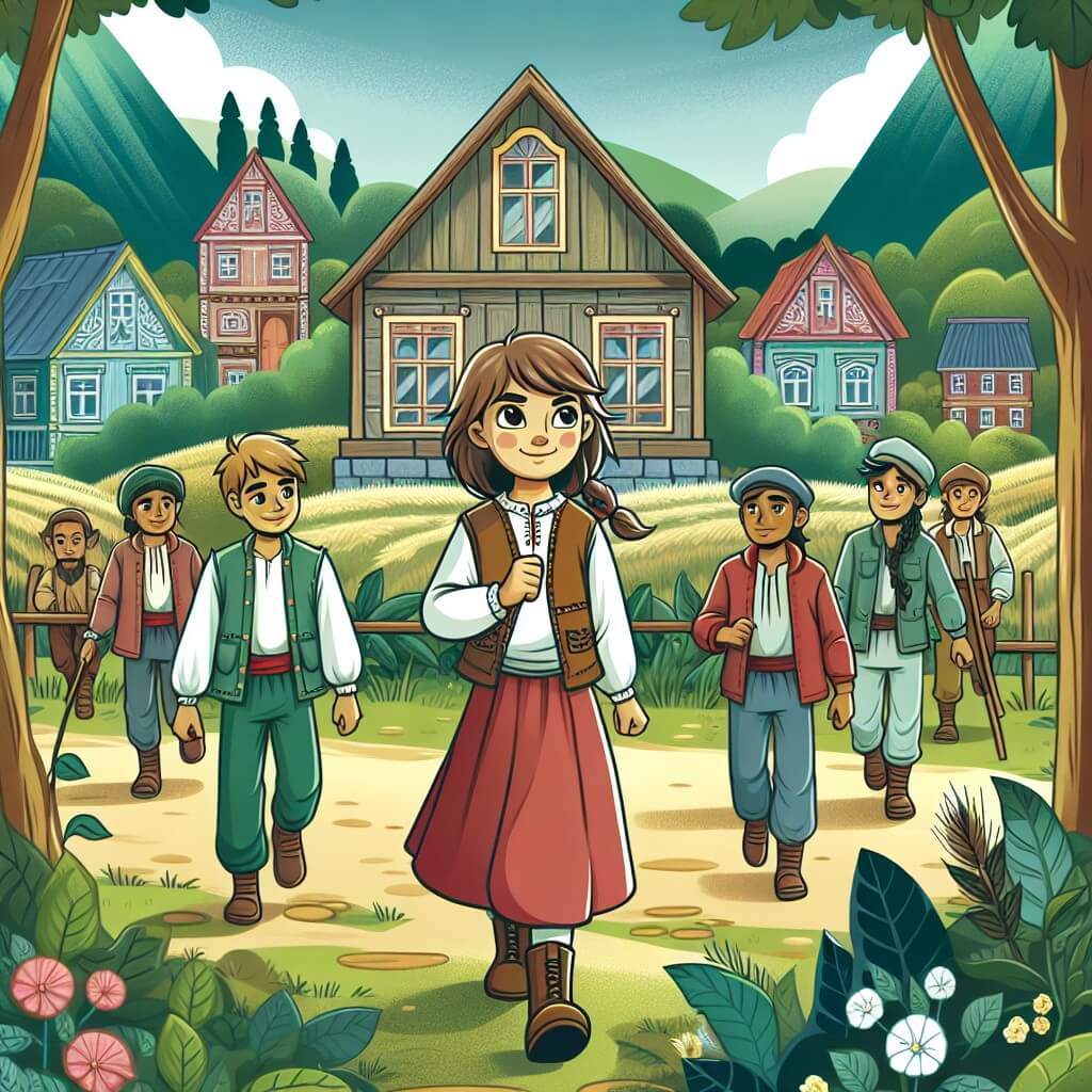 Une illustration destinée aux enfants représentant une jeune fille déterminée, entourée de ses amis, dans un paisible village de campagne, où la nature luxuriante et les maisons colorées créent un cadre enchanteur.