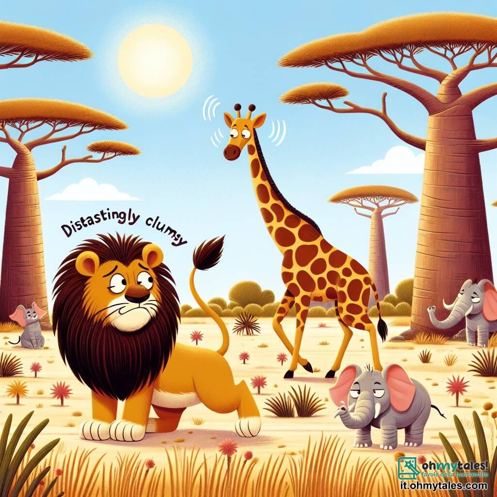 Une illustration destinée aux enfants représentant un lion distrait et un peu maladroit, accompagné d'une girafe vaniteuse, se déroulant dans une savane ensoleillée parsemée de baobabs majestueux et d'herbes hautes ondulant doucement au vent.