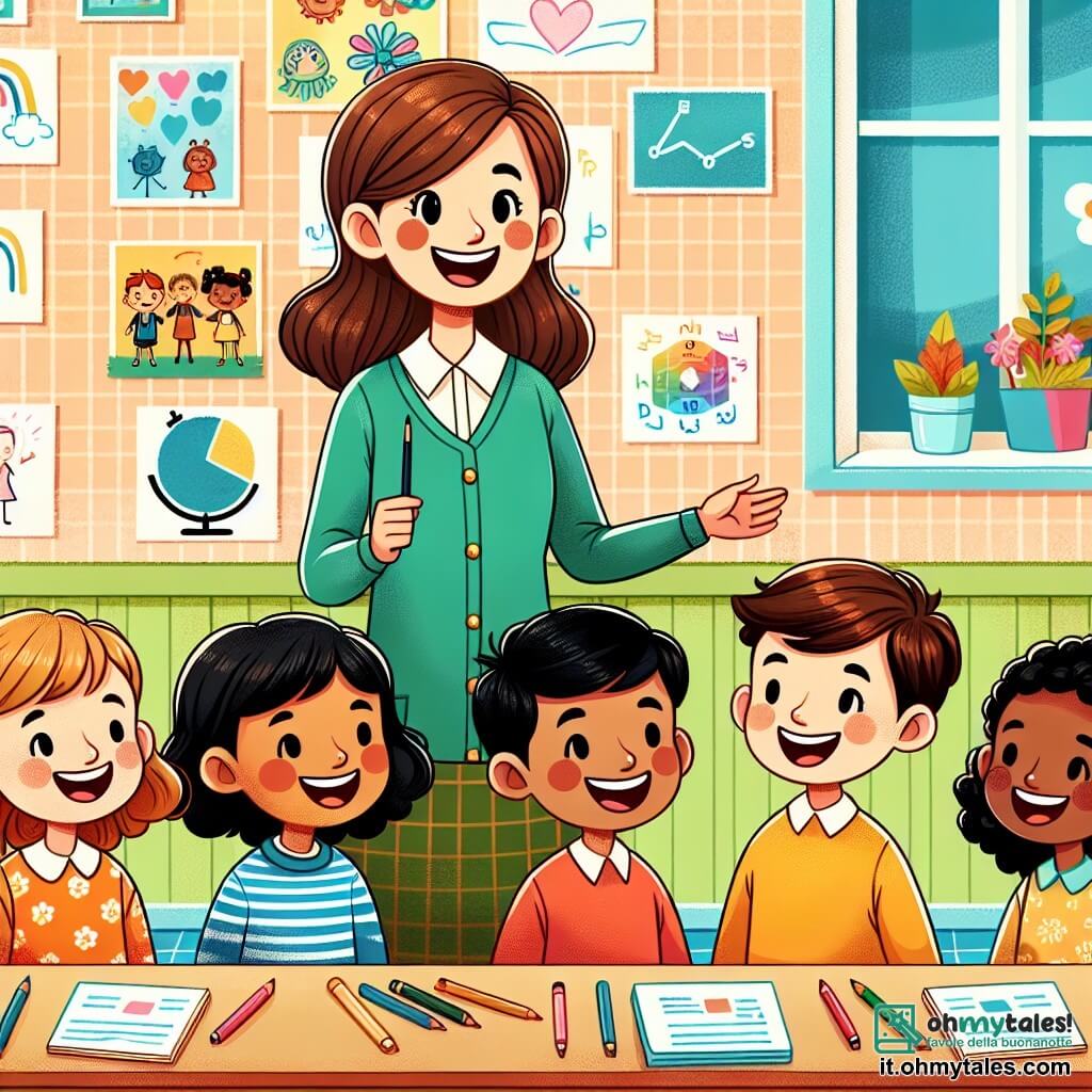 Une illustration destinée aux enfants représentant un instituteur joyeux, entouré d'une joyeuse bande d'élèves, dans une salle de classe colorée avec des murs couverts de dessins et de posters éducatifs, où règne une atmosphère chaleureuse et propice à l'apprentissage.