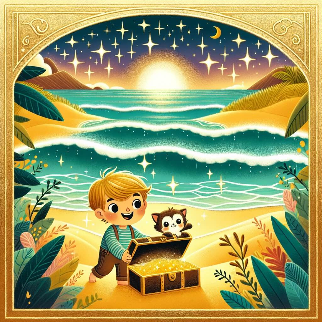 Une illustration destinée aux enfants représentant un jeune garçon joyeux et curieux, accompagné d'un nouvel ami, découvrant un trésor caché sur une plage de sable doré bordée par des vagues étincelantes sous un ciel étoilé.