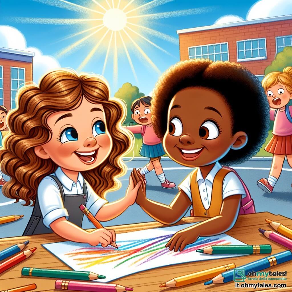 Une illustration sous forme de dessin destinée aux enfants représentant une cour d'école ensoleillée, où une fille de 7 ans aux cheveux bouclés et bruns, souriante et pleine d'énergie, joue avec une autre fille de 7 ans, à la peau foncée et aux cheveux lisses, qui semble un peu timide ; toutes deux sont en train de partager des crayons de couleur et de dessiner ensemble sur un grand morceau de papier, illustrant leur amitié naissante malgré les moqueries d'autres enfants en arrière-plan, soulignant l'importance de l'acceptation et du respect des différences culturelles.