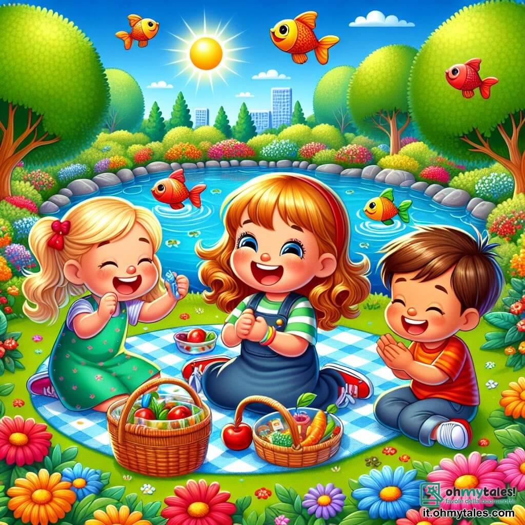 Illustrazione che rappresenta un giardino scolastico in estate, pieno di fiori colorati dai petali brillanti, grandi alberi con foglie verdi lussureggianti e un piccolo stagno dove nuotano pesci rossi. Al centro della scena, tre ragazze sono riunite: una, una bambina di tre anni e mezzo, ha capelli biondi e ricci, sorride con entusiasmo tenendo in mano un piccolo sasso lucido. La seconda, una bambina di tre anni, ha capelli castani e lisci, ride gioiosamente mostrando una piuma blu che ha trovato. La terza, una bambina di due anni e mezzo, è in sedia a rotelle, con capelli castani e occhi scintillanti, applaude con gioia, circondata dalle sue amiche. Le tre ragazze stanno celebrando la loro vittoria durante una caccia al tesoro, sedute su una coperta da picnic colorata, con cesti pieni di delizie accanto a loro. Il sole brilla nel cielo blu, aggiungendo un tocco di magia a questa giornata estiva piena di amicizia e scoperte.