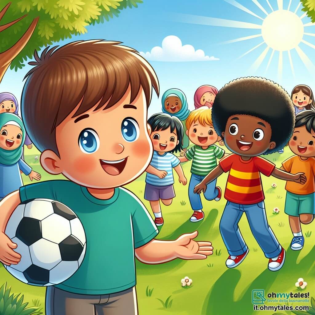 Une illustration sous forme de dessin destinée aux enfants représentant un parc ensoleillé avec des arbres verdoyants et des enfants jouant, au premier plan un garçon de 9 ans aux cheveux bruns et aux yeux bleus, souriant et en train de montrer un ballon de football à un autre garçon de 9 ans, aux cheveux noirs et bouclés, d'origine syrienne, qui regarde avec curiosité et enthousiasme, tandis qu'un groupe d'enfants de différentes origines ethniques les entoure, riant et jouant ensemble, symbolisant l'amitié et la tolérance entre cultures.