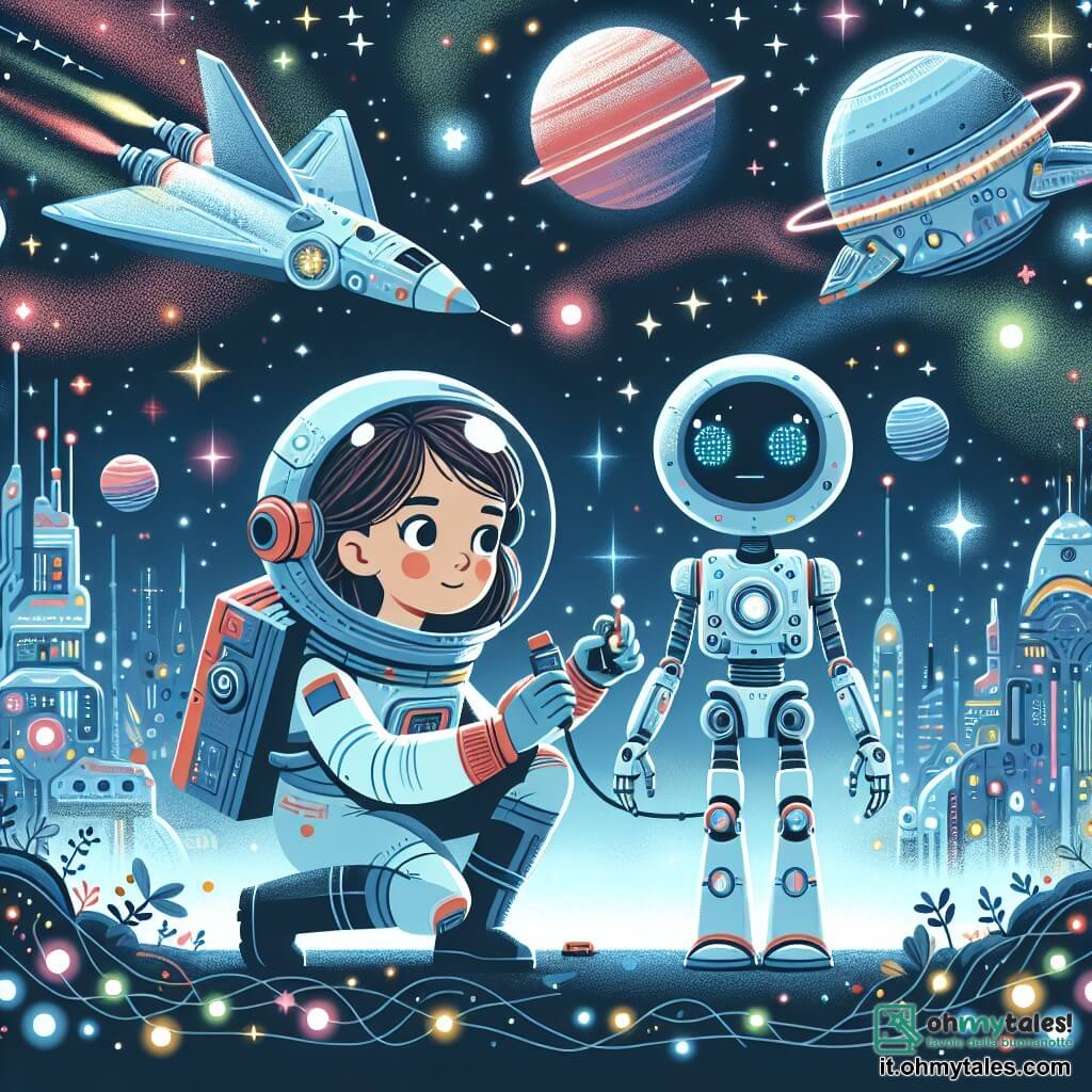 Une illustration destinée aux enfants représentant une jeune astronaute courageuse tentant de réparer sa fusée spatiale endommagée avec l'aide d'un petit robot intelligent, dans une cité galactique scintillante de lumières multicolores et d'astronaves virevoltantes.