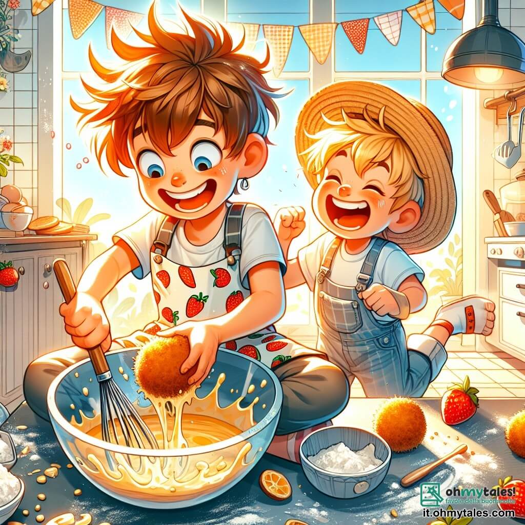 Une illustration sous forme de dessin destinée aux enfants représentant une cuisine ensoleillée et colorée, où un garçon de 7 ans aux cheveux bruns en bataille, portant un tablier à motifs de fruits, est en train de mélanger une pâte à frittelles dans un grand bol, tandis qu'un autre garçon de 7 ans aux cheveux blonds, avec un chapeau de paille, rit en essayant d'attraper une frittelle qui a éclaté, le tout entouré de farine éparpillée et de décorations de fête pour la fête des mères, créant une atmosphère joyeuse et pleine de rires.