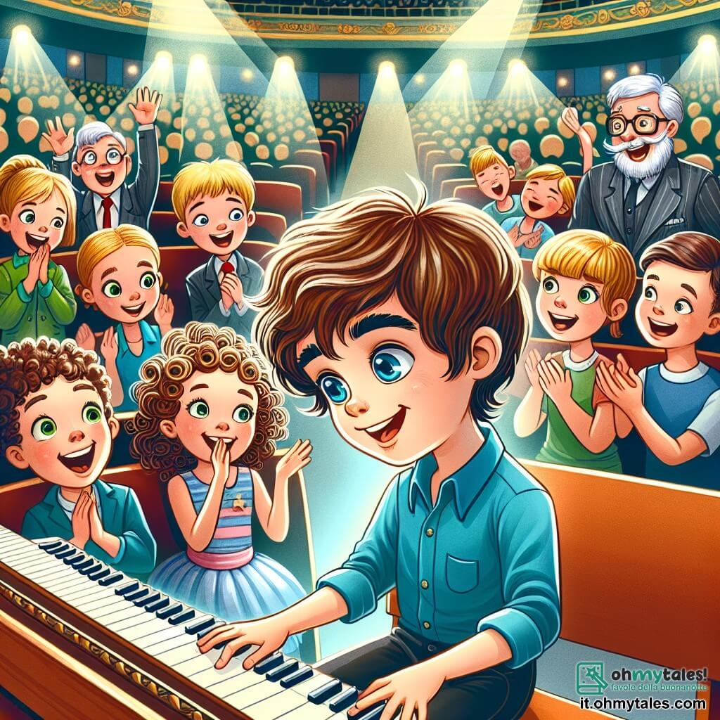 Une illustration sous forme de dessin destinée aux enfants représentant une scène vibrante dans une salle de concert scolaire, où un garçon de 11 ans aux cheveux châtains et aux yeux bleus, vêtu d'une chemise bleue, joue avec passion du piano sur une scène illuminée, entouré de ses amis : une fille aux cheveux bouclés et souriants, applaudissant avec enthousiasme, et un garçon grand et mince, riant et encourageant son ami, tandis que le public, composé d'enfants et d'adultes, les regarde avec admiration, capturant l'instant où le jeune pianiste surmonte sa peur et découvre la confiance en soi à travers la musique.
