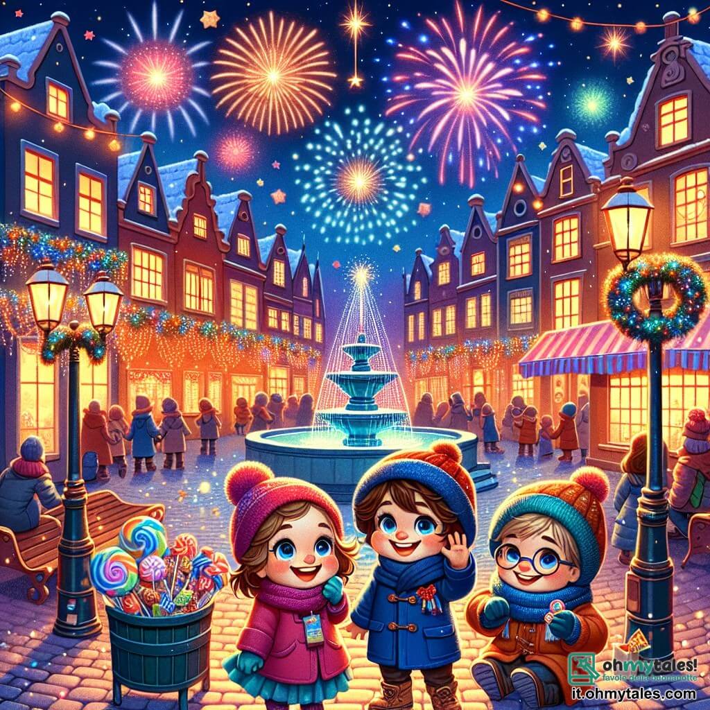 Illustrazione che rappresenta una scena festiva in una deliziosa piazzetta decorata per Capodanno. La piazza è circondata da case colorate con persiane in legno, con festoni luminosi scintillanti appesi ai lampioni. Al centro, una fontana adornata di luci multicolori brilla sotto il cielo stellato. Tre bambini sono in primo piano: un ragazzo di 8 anni con capelli castani disordinati, che indossa un berretto rosso e un cappotto blu, sorride entusiasta. Accanto a lui, una ragazza di 7 anni con trecce bionde, vestita con una sciarpa rosa e un cappotto viola, alza le braccia al cielo, meravigliata dai fuochi d'artificio. Infine, un altro ragazzo di 9 anni, con occhiali e capelli castani, tiene un sacchetto di caramelle mentre guarda il cielo con occhi spalancati. La scena principale mostra i bambini che celebrano il passaggio al nuovo anno, circondati da fuochi d'artificio che illuminano la notte. Stelle brillano nel cielo e si sentono le risate di altri bambini in sottofondo. Dei coriandoli colorati cadono dolcemente intorno a loro, aggiungendo un tocco di magia a questa serata indimenticabile.