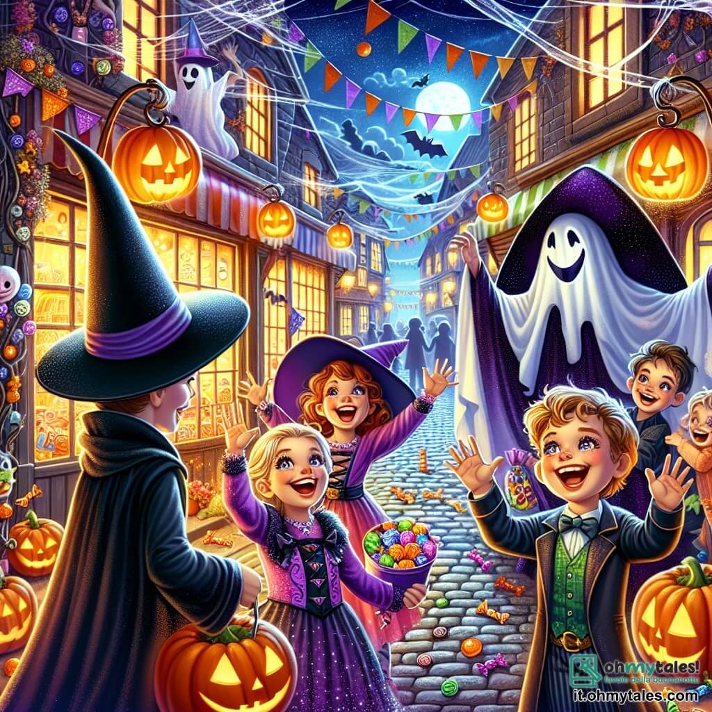 Illustrazione che rappresenta una scena magica di Halloween in una strada animata, illuminata da lanterne di Jack-o'-lantern. Le case sono decorate con ragnatele e fantasmi di carta, creando un'atmosfera festosa e misteriosa. Al centro dell'immagine, un bambino di cinque anni, vestito con un costume da stregone nero e un grande cappello a punta, alza le braccia con un sorriso meravigliato. Alla sua destra, una bambina di cinque anni, indossando un vestito da strega viola con un cappello abbinato, ride gioiosamente tenendo un sacchetto pieno di caramelle. A sinistra, un altro bambino di cinque anni, vestito da fantasma con un lenzuolo bianco e occhi disegnati, li guarda con un grande sorriso. La scena principale mostra i bambini che scoprono un negozio di caramelle misterioso, con un uomo in cilindro che li accoglie con un grande sorriso. Caramelle colorate fluttuano intorno a loro, e una dolce melodia sembra provenire dall'interno del negozio. Stelle scintillanti e nuvole magiche aggiungono un tocco fiabesco a questa scena gioiosa e piena di avventure.