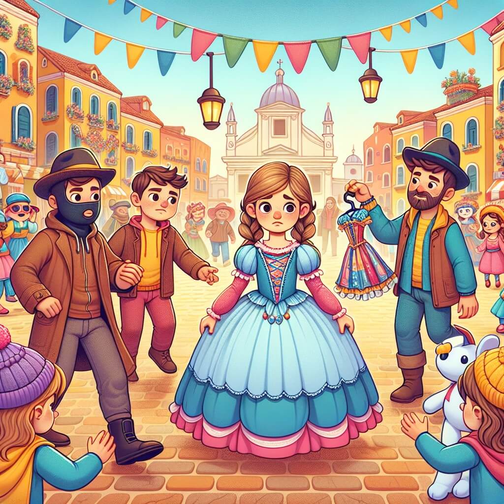 Une illustration destinée aux enfants représentant une jeune fille déguisée en princesse, confrontée à la disparition de son costume, avec l'aide d'un groupe d'enfants suspects dans une atmosphère festive de carnaval dans une piazza colorée et animée.