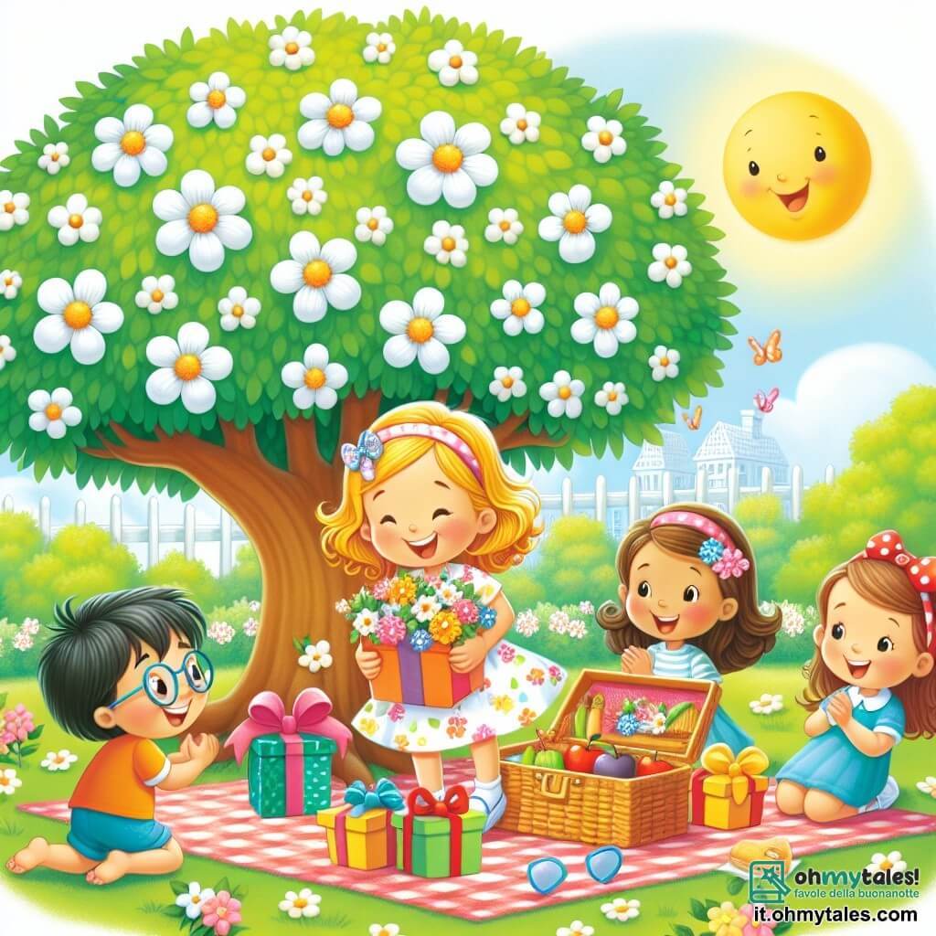 Une illustration destinée aux enfants représentant une petite fille joyeuse et ses copains en train de partager un pique-nique plein de surprises sous un grand arbre fleuri dans un parc ensoleillé.