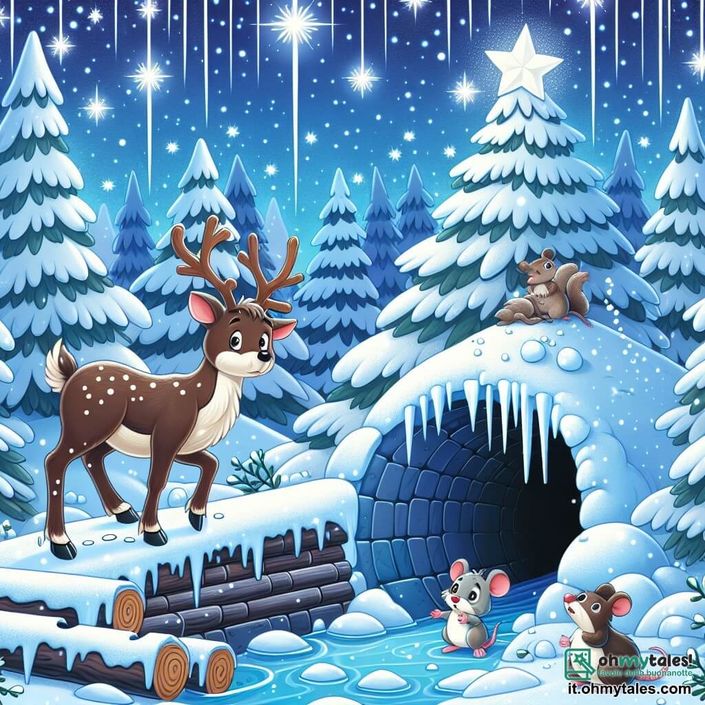 Une illustration destinée aux enfants représentant un renne maladroit qui se retrouve coincé dans un tunnel de glace avec l'aide précieuse d'une petite souris courageuse, dans une forêt enchantée recouverte de neige scintillante et bordée de grands sapins majestueux.