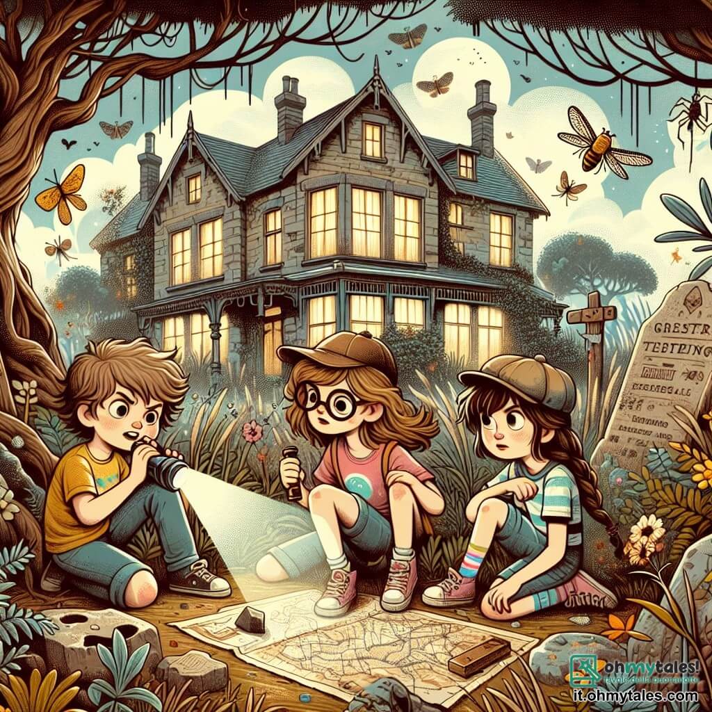 Illustrazione che rappresenta una scena misteriosa in un giardino incolto, pieno di erbe alte e fiori selvatici. Al centro, una vecchia casa abbandonata con finestre impolverate e persiane di legno che scricchiolano al vento, circondata da alberi con rami contorti. Tre giovani detective si trovano davanti alla casa: una ragazza di dieci anni con capelli castani arruffati, indossa una maglietta colorata e pantaloni corti, tiene una torcia in una mano e un taccuino nell'altra, mostrando un sorriso curioso. Accanto a lei, un'altra ragazza, anch'essa di dieci anni, con lunghi capelli biondi intrecciati, indossa un cappellino e occhiali da sole, osservando attentamente un vecchio sasso a terra. Infine, un ragazzo di dieci anni, con capelli neri disordinati e una maglietta a righe, è accovacciato vicino a un albero, esaminando una mappa antica con gli occhi scintillanti di eccitazione. La scena principale mostra i bambini intenti a indagare, intrigati da un indizio misterioso trovato nel giardino. Elementi grafici aggiuntivi includono una mappa antica stesa a terra, insetti colorati che volano intorno e un cielo blu punteggiato di nuvole bianche, aggiungendo un tocco di avventura e curiosità a questa scena affascinante.