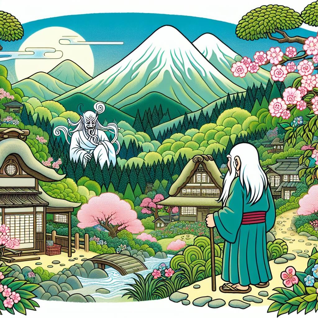 Une illustration destinée aux enfants représentant un vieil homme égoïste, perdu dans une forêt enchantée du Japon, où il fera la rencontre d'un mystérieux yūrei, dans un village pittoresque entouré de montagnes verdoyantes et de cerisiers en fleurs.