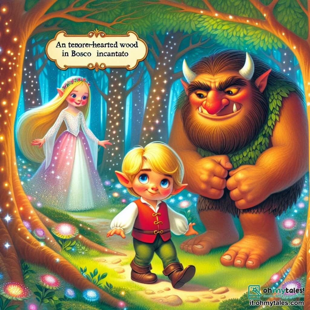 Une illustration destinée aux enfants représentant un petit troll au cœur tendre se tenant courageusement devant un troll malveillant, accompagné d'une elfe aux cheveux d'or, dans le Bosco Incantato, un bois enchanté aux arbres lumineux et aux fleurs scintillantes.