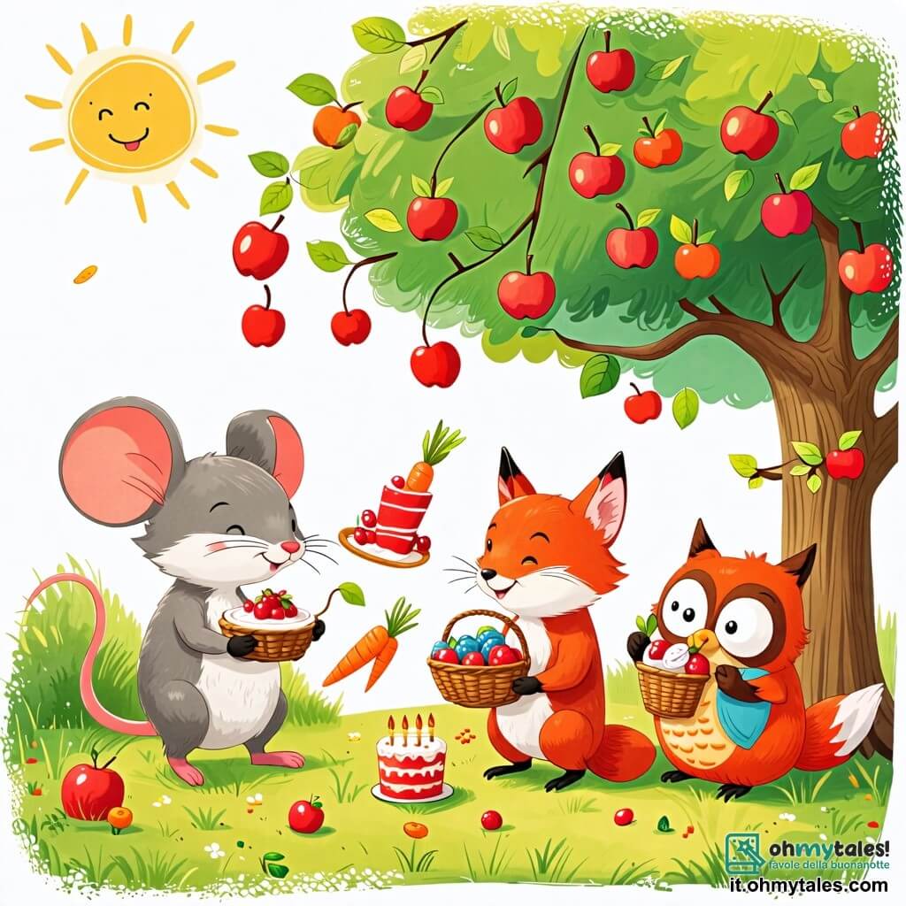 Une illustration sous forme de dessin destinée aux enfants représentant un parc ensoleillé avec un grand arbre de pommes, où un petit rat aux grandes oreilles et au pelage gris s'active joyeusement à préparer une fête, entouré de ses amis : un coniglio aux grandes pattes blanches qui tient une carotte dans ses pattes avant, une renarde au pelage roux qui apporte un gâteau coloré, et un hibou aux yeux ronds qui porte une petite corbeille de noisettes, tous riant et s'amusant ensemble dans une ambiance festive et conviviale.
