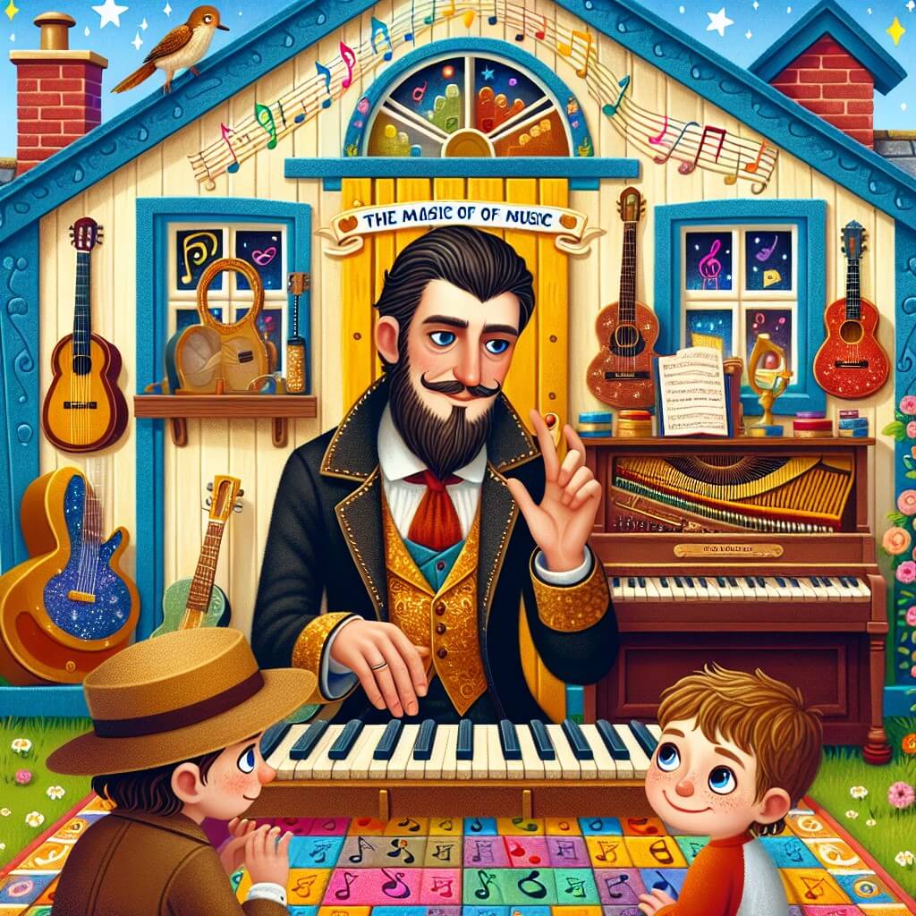 Une illustration destinée aux enfants représentant un homme élégant et mystérieux, entouré d'instruments de musique, enseignant la magie de la musique à un jeune garçon, dans une charmante maison remplie de partitions colorées, de pianos étincelants et de guitares étalées sur les murs, dans la pittoresque ville de Melodia.