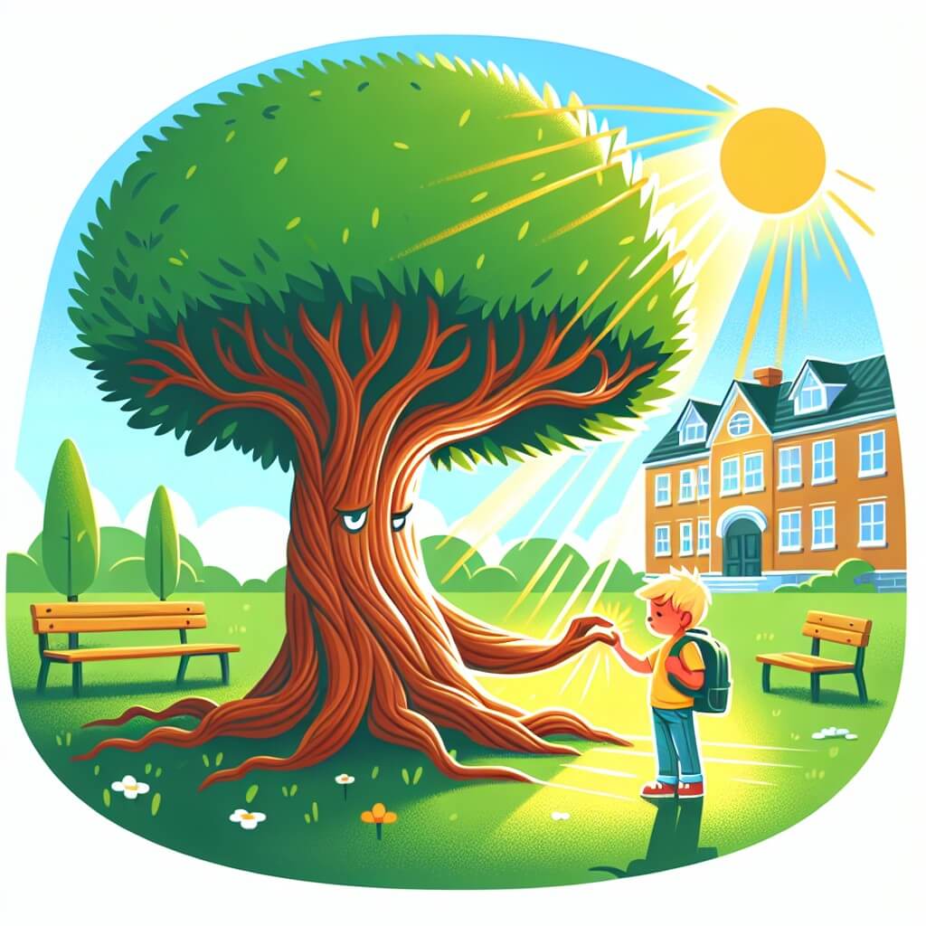 Une illustration destinée aux enfants représentant un jeune garçon solitaire, victime de harcèlement à l'école, qui trouve du réconfort et du soutien auprès d'un arbre majestueux dans une cour d'école ensoleillée et verdoyante.