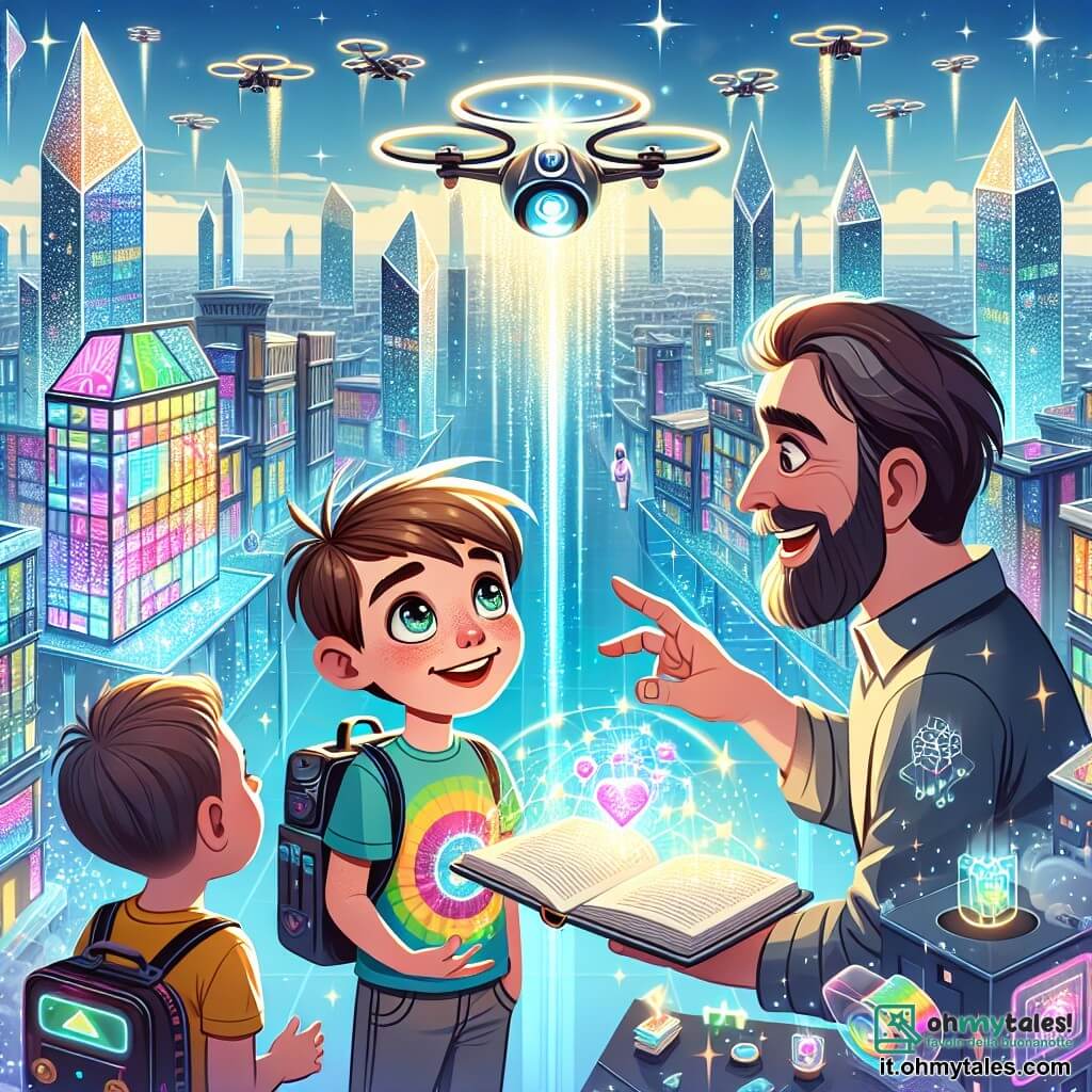 Une illustration sous forme de dessin destinée aux enfants représentant une ville futuriste lumineuse avec des bâtiments en verre scintillant et des écrans holographiques flottants, où un garçon de 11 ans aux cheveux bruns et aux yeux pétillants, portant un t-shirt coloré et un petit sac à dos technologique, observe avec émerveillement un homme de moyenne d'âge, barbu et souriant, en train de lui expliquer les merveilles de la nouvelle bibliothèque en construction, tandis que des drones volent autour d'eux et que des ouvriers s'affairent à créer un espace magique où la technologie et les livres se rencontrent.