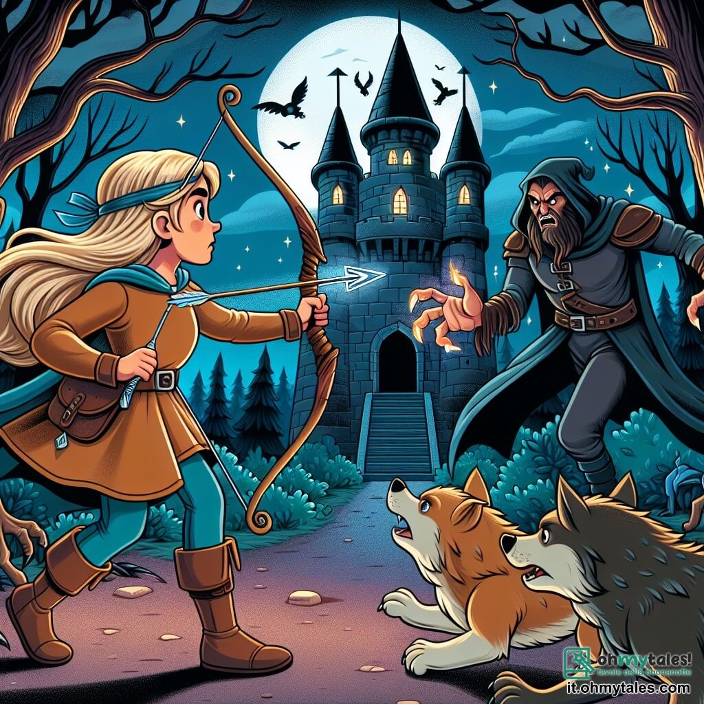 Une illustration destinée aux enfants représentant une jeune femme courageuse, armée d'un arc magique et d'une épée lucente, affrontant un maléfique stregone dans une tour sombre et sinistre, située au coeur d'une forêt enchantée où les licantropes et les mantics rôdent.