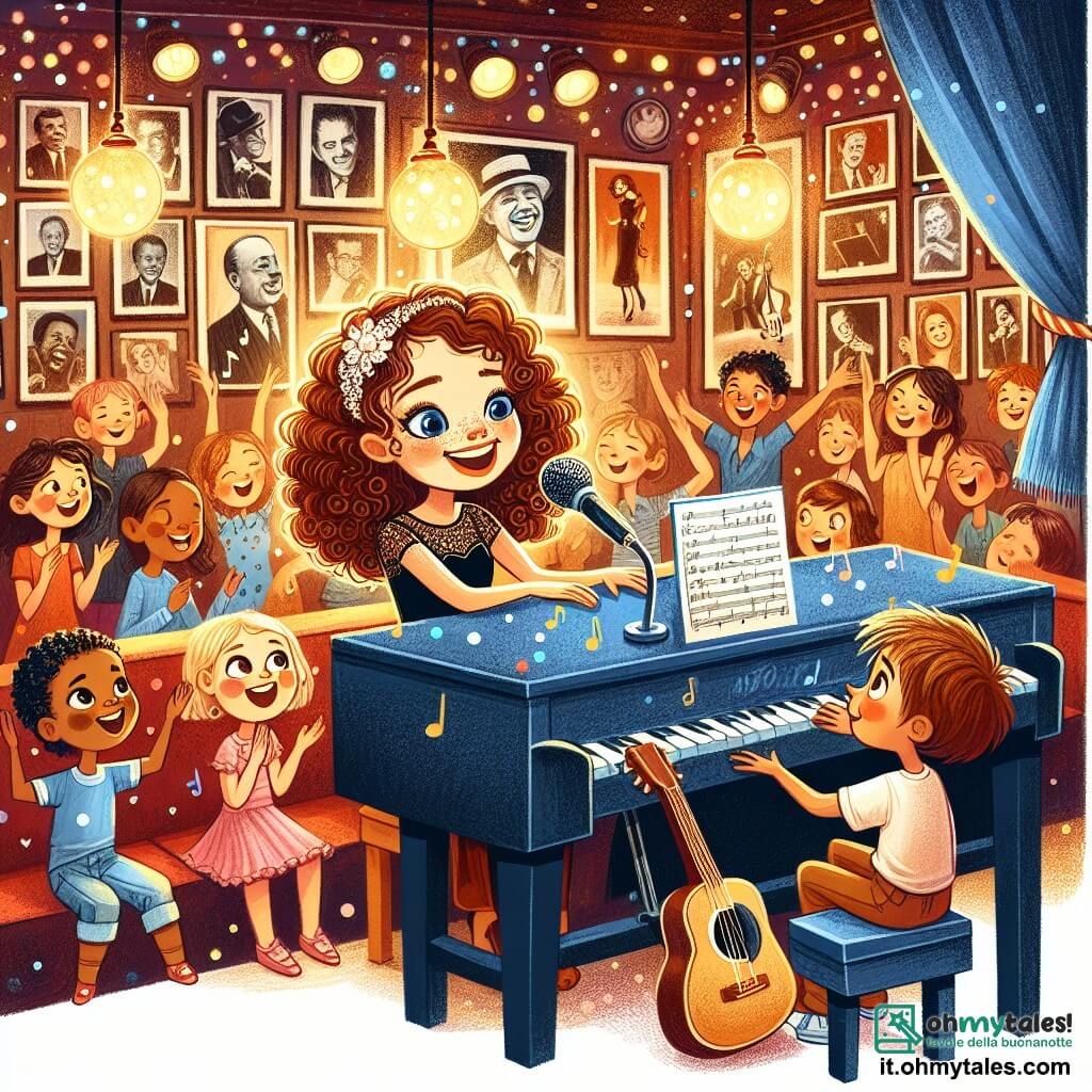 Une illustration sous forme de dessin destinée aux enfants représentant l'intérieur chaleureux et coloré d'un club de jazz, avec des murs ornés de photographies de musiciens légendaires, au centre une jeune femme aux cheveux bouclés et au sourire éclatant, assise au piano, jouant une mélodie envoûtante, entourée d'un petit garçon aux yeux brillants, tenant une guitare, qui l'observe avec admiration, tandis qu'un public joyeux danse et applaudit autour d'eux, créant une atmosphère magique de partage et de passion pour la musique.