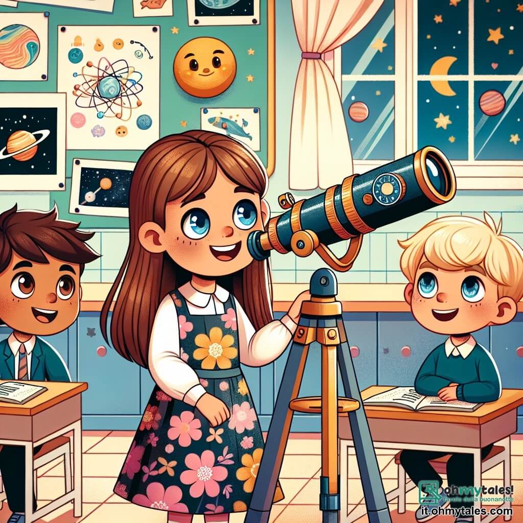 Une illustration sous forme de dessin destinée aux enfants représentant une classe colorée et accueillante dans une école, avec des murs ornés de dessins d'enfants, où une fille de 7 ans aux longs cheveux bruns et aux yeux bleus, portant une robe à fleurs, est en train de regarder émerveillée à travers un grand télescope, tandis que deux de ses amis, un garçon aux cheveux blonds et une fille aux cheveux châtains, l'observent avec des sourires d'excitation, tous trois entourés de posters sur l'astronomie et des maquettes de planètes, illustrant leur passion commune pour la science et l'apprentissage.
