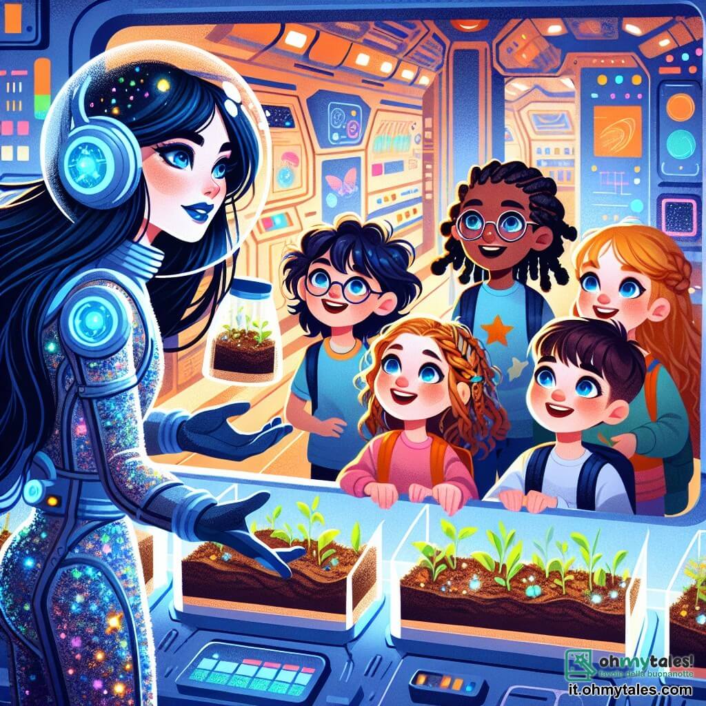 Une illustration sous forme de dessin destinée aux enfants représentant l'intérieur de la station spatiale "Stella dell'Infinito", avec une jeune femme aux longs cheveux noirs et aux yeux azur, vêtue d'une combinaison spatiale brillante, montrant avec enthousiasme des échantillons de sol à un groupe de quatre enfants : un garçon aux cheveux bouclés et lunettes, une fille aux cheveux blonds tressés, un garçon aux cheveux bruns et un sourire éclatant, et une fille aux yeux pétillants, tous captivés par la découverte de la colonisation d'un nouveau monde, entourés de plantes flottantes et de panneaux technologiques colorés.