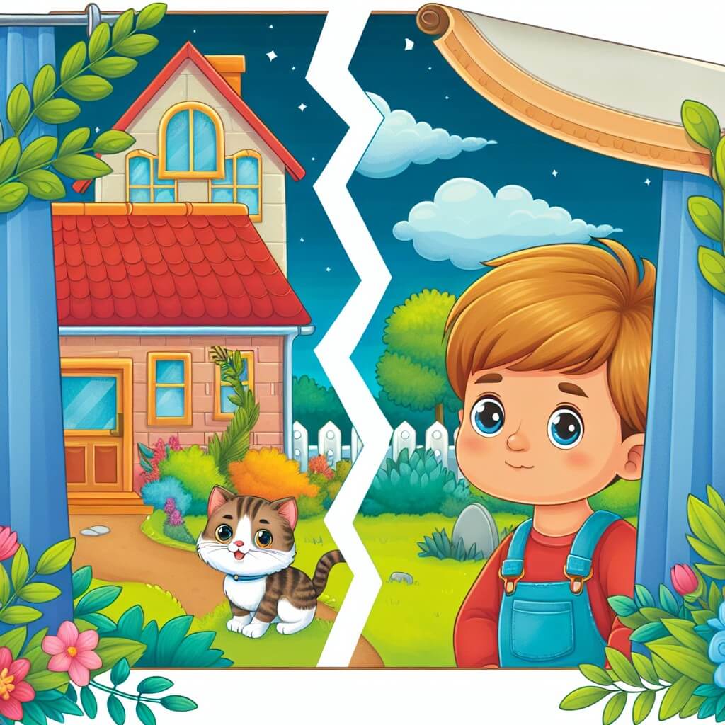 Une illustration destinée aux enfants représentant un petit garçon curieux vivant une situation de séparation et de divorce, accompagné d'un adorable chaton, dans une maison colorée avec un jardin fleuri.