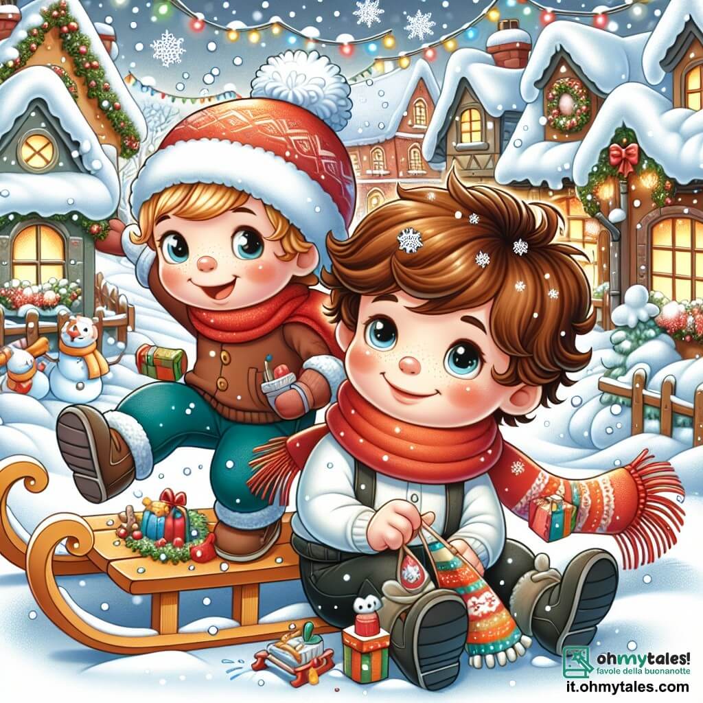Une illustration sous forme de dessin destinée aux enfants représentant un charmant village enneigé décoré pour Noël, avec un garçon de 7 ans aux cheveux bruns et bouclés, habillé d'une écharpe rouge, qui construit une slitte colorée avec son meilleur ami, un garçon aux cheveux blonds et courts, tous deux souriants et pleins d'enthousiasme, tandis que des flocons de neige tombent doucement autour d'eux, créant une atmosphère magique et festive.