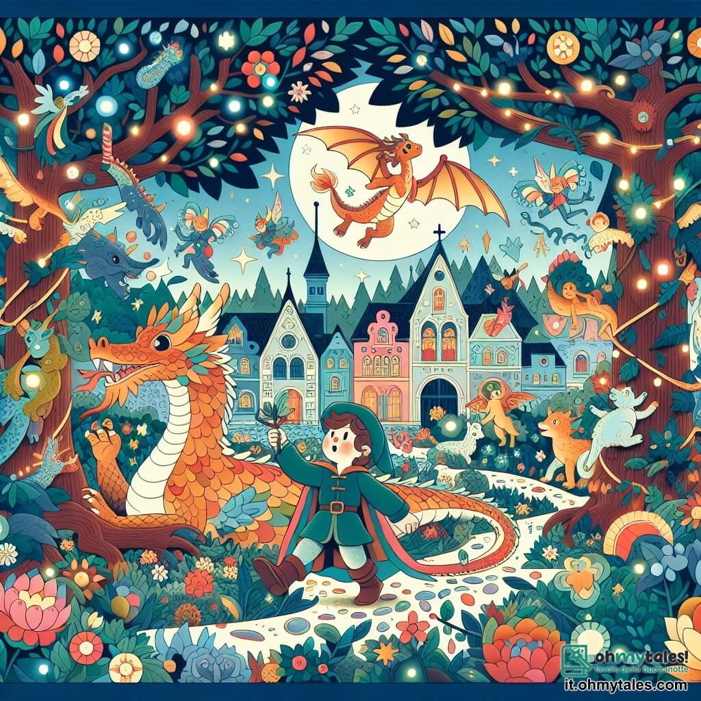 Une illustration destinée aux enfants représentant un garçon courageux se retrouvant dans une forêt enchantée pleine de créatures magiques, accompagné d'un petit dragon aux écailles scintillantes, entourés d'arbres dansants et de fleurs lumineuses, dans le village coloré d'Arcobaleno.