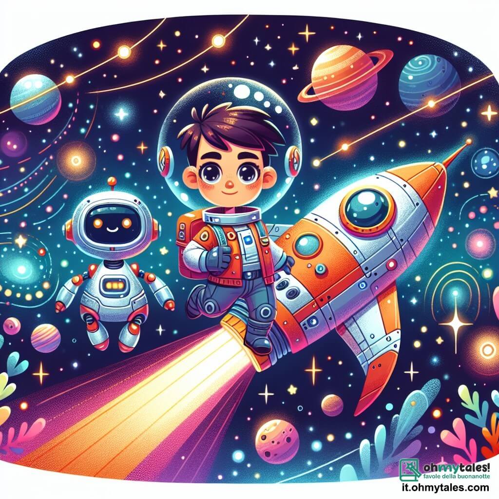 Une illustration destinée aux enfants représentant un jeune explorateur spatial courageux, accompagné d'un petit robot curieux, voyageant à bord d'une astronave brillante et colorée à travers des galaxies lointaines remplies d'étoiles scintillantes et de planètes mystérieuses.