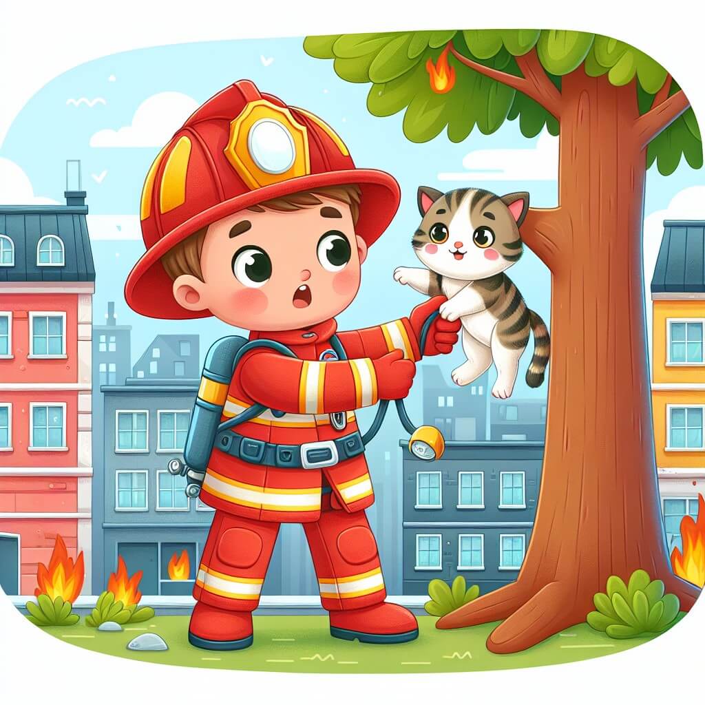 Une illustration destinée aux enfants représentant un pompier courageux, vêtu d'une combinaison rouge flamboyante, en train de sauver un adorable chaton coincé dans un arbre, avec en arrière-plan une ville animée remplie de bâtiments colorés et de rues étroites.