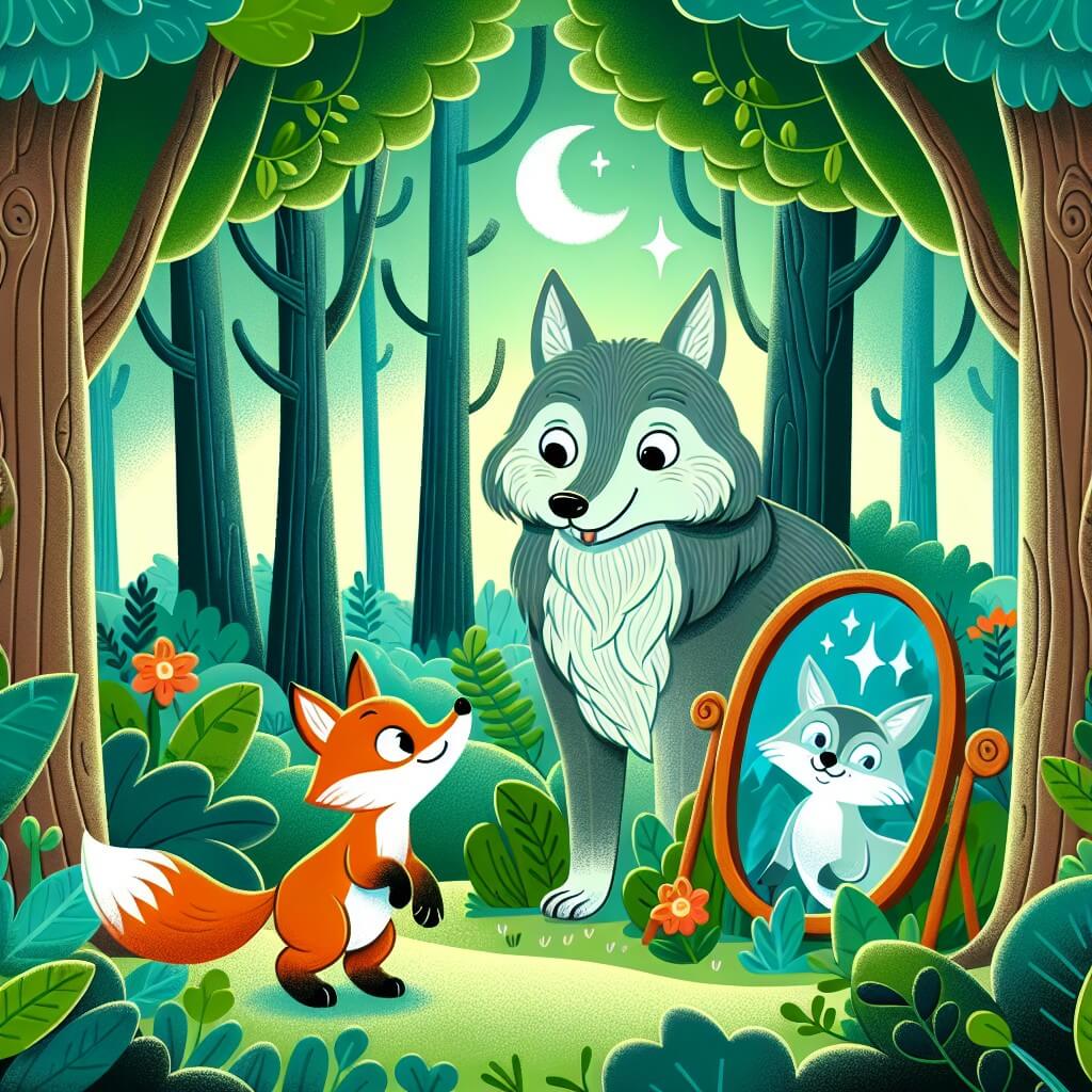 Une illustration destinée aux enfants représentant un loup curieux, se trouvant au cœur d'une vaste forêt luxuriante, découvrant un miroir magique en compagnie d'une volpe sage et astucieuse.