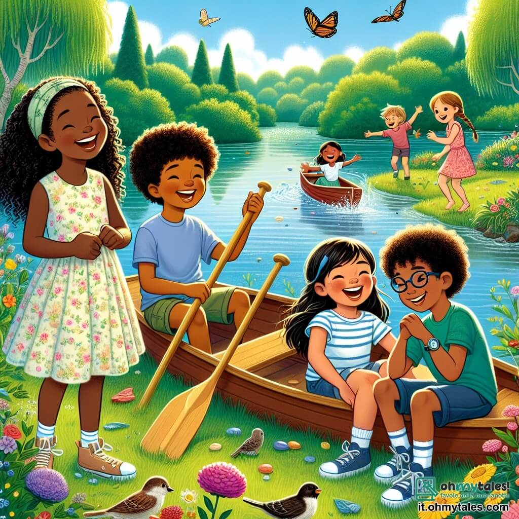 Illustrazione che rappresenta un pomeriggio soleggiato al bordo di un lago scintillante, circondato da alberi verdi e fiori colorati. In primo piano, quattro bambini: una ragazza di dieci anni con lunghi capelli ricci e un sorriso splendente, che indossa un vestito leggero a fiori, è seduta sull'erba, ridendo. Accanto a lei, un ragazzo di dieci anni con capelli castani disordinati, vestito con una maglietta blu e pantaloni corti, tiene una pagaia, pronto a salire su una piccola barca di legno. Un altro ragazzo, anch'esso di dieci anni, con occhiali e capelli biondi, è in piedi mentre lancia un sasso nell'acqua, mentre una ragazza con trecce e una maglietta rosa sorride guardandoli. La scena trasmette un'atmosfera di gioia e amicizia, con risate e schizzi d'acqua. Sullo sfondo, si possono vedere uccelli volare nel cielo blu e nuvole bianche e soffici, mentre farfalle colorate danzano attorno ai fiori. L'insieme evoca un momento di complicità e avventura, dove i bambini si preparano a esplorare il lago insieme, simboleggiando la forza della loro amicizia.