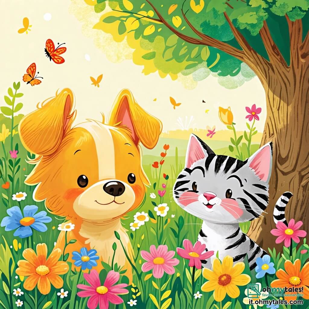 Une illustration sous forme de dessin destinée aux enfants représentant un jardin ensoleillé rempli de fleurs colorées, avec un chien aux poils dorés et aux grandes oreilles qui se cache joyeusement derrière un grand arbre, tandis qu'un chat aux rayures grises et aux yeux malicieux le cherche en comptant, le tout dans une ambiance ludique et amicale, évoquant un moment de jeu et de complicité entre les deux animaux.