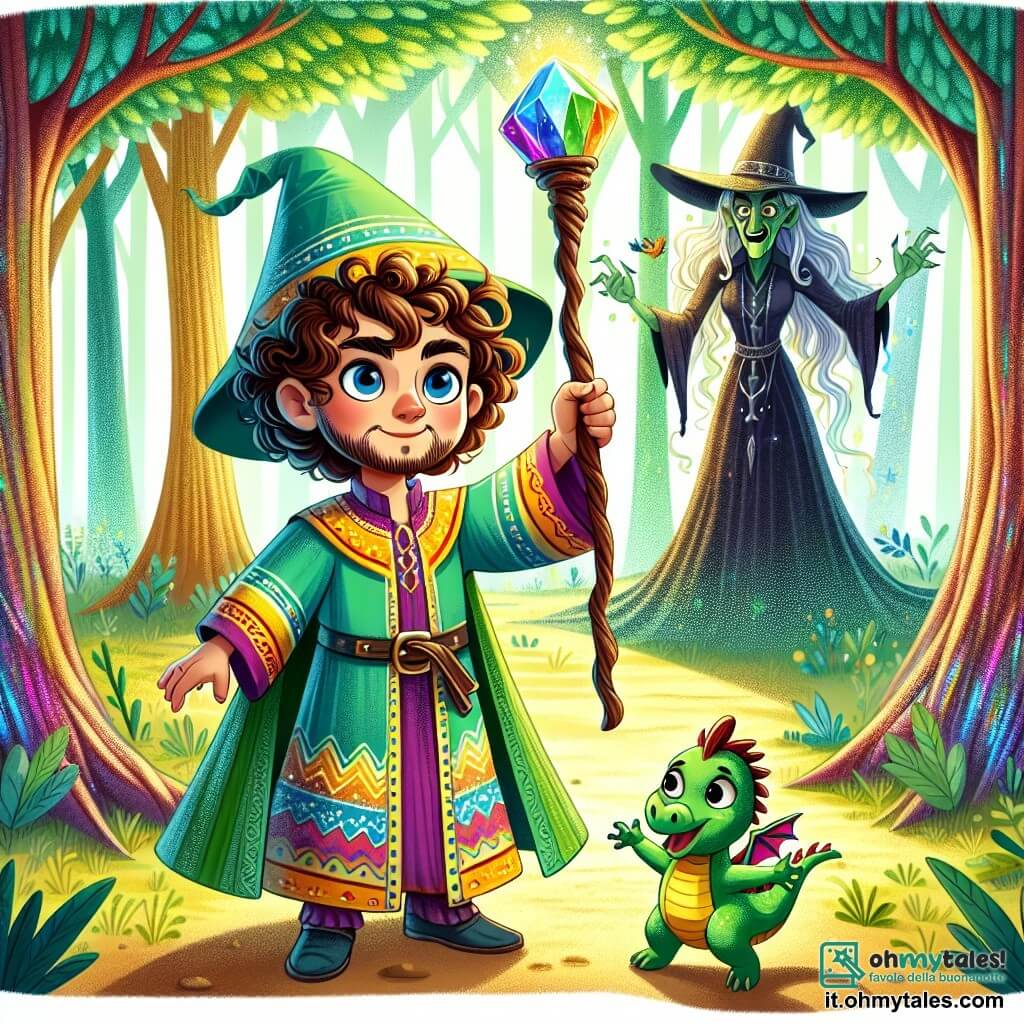 Une illustration sous forme de dessin destinée aux enfants représentant une forêt enchantée aux arbres gigantesques et lumineux, où un jeune homme aux cheveux bouclés et aux yeux bleus, vêtu d'une tunique colorée, brandit un bâton magique avec détermination, tandis qu'un petit dragon vert aux écailles brillantes vole joyeusement autour de lui, alors qu'ils se préparent à affronter une sorcière maléfique dont l'ombre menaçante plane au-dessus d'eux, symbolisant l'union de l'amitié et du courage face à l'adversité.