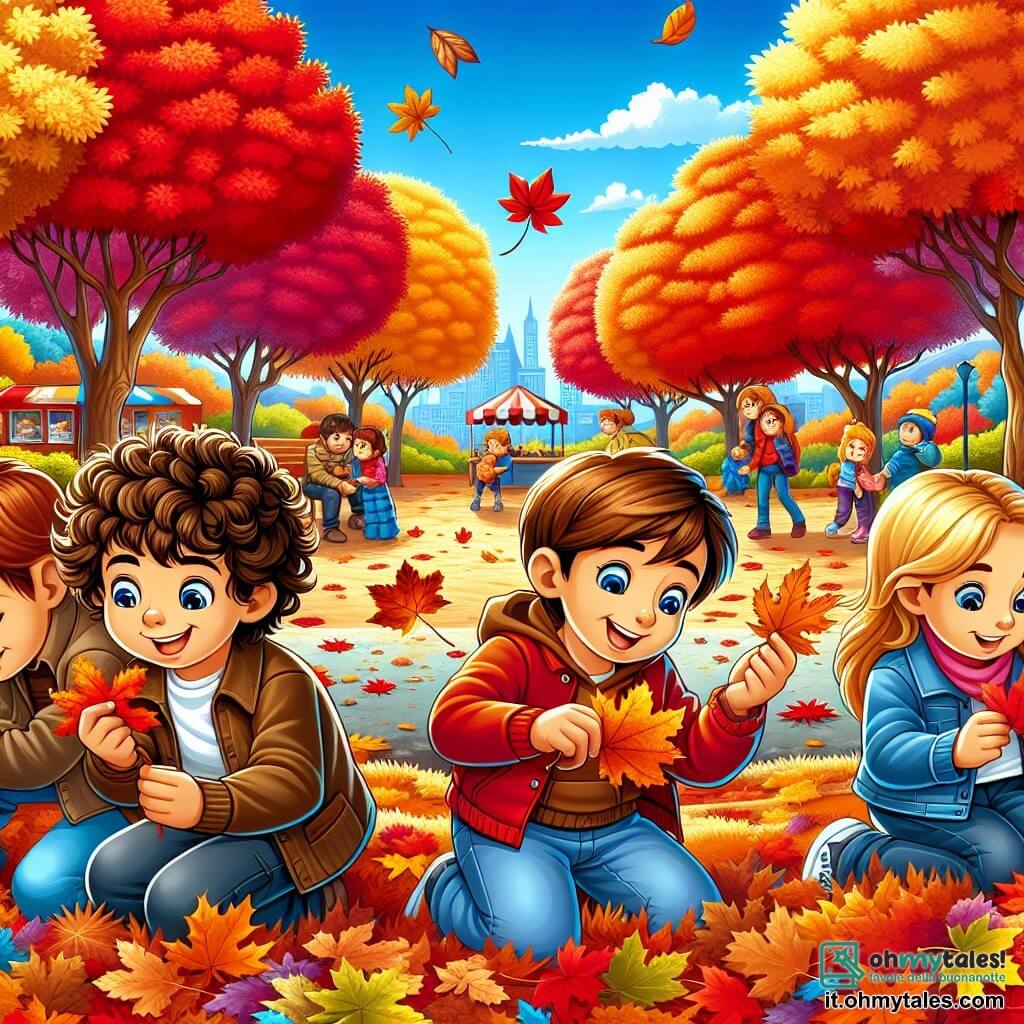 Illustrazione che rappresenta un parco in autunno, con alberi maestosi dalle foglie infuocate di rosso, arancione e giallo, e un terreno coperto di foglie secche che scricchiolano sotto i passi. Al centro, un gruppo di quattro bambini: un ragazzo dai capelli ricci e castani, di circa 8 anni, sorridente e con una foglia colorata in mano; una ragazza dai lunghi capelli biondi, di circa 7 anni, inginocchiata per raccogliere una foglia brillante; un ragazzo dai capelli corti e castani, di circa 9 anni, che ride mentre racconta una barzelletta; e una ragazza dai capelli castani e ricci, di circa 8 anni, che osserva attentamente una foglia trovata. Stanno creando opere d'arte con foglie d'autunno, circondati da colori vivaci e un cielo azzurro chiaro. Sullo sfondo, famiglie si divertono, bambini giocano e bancarelle di cibo aggiungono un tocco festivo all'atmosfera.