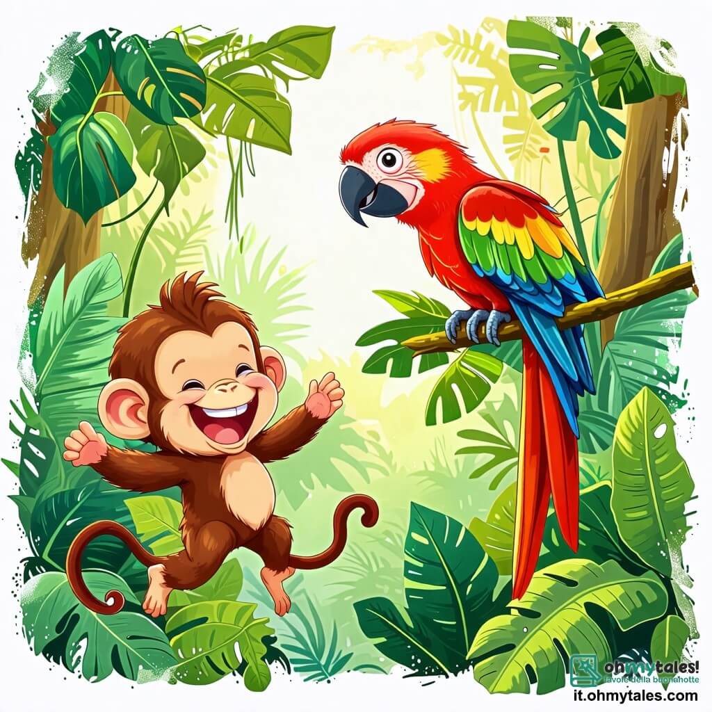 Une illustration sous forme de dessin destinée aux enfants représentant une jungle luxuriante avec de grands arbres aux feuilles vertes éclatantes, où une petite singe aux poils bruns et aux yeux pétillants, en train de rire, se prépare à sauter d'une branche, tandis qu'un pappagallo coloré aux plumes rouges, jaunes et vertes, se perche sur une branche voisine, observant la scène avec un sourire amusé, le tout capturant l'instant joyeux d'une compétition amicale de saut et de vol entre les deux amis.